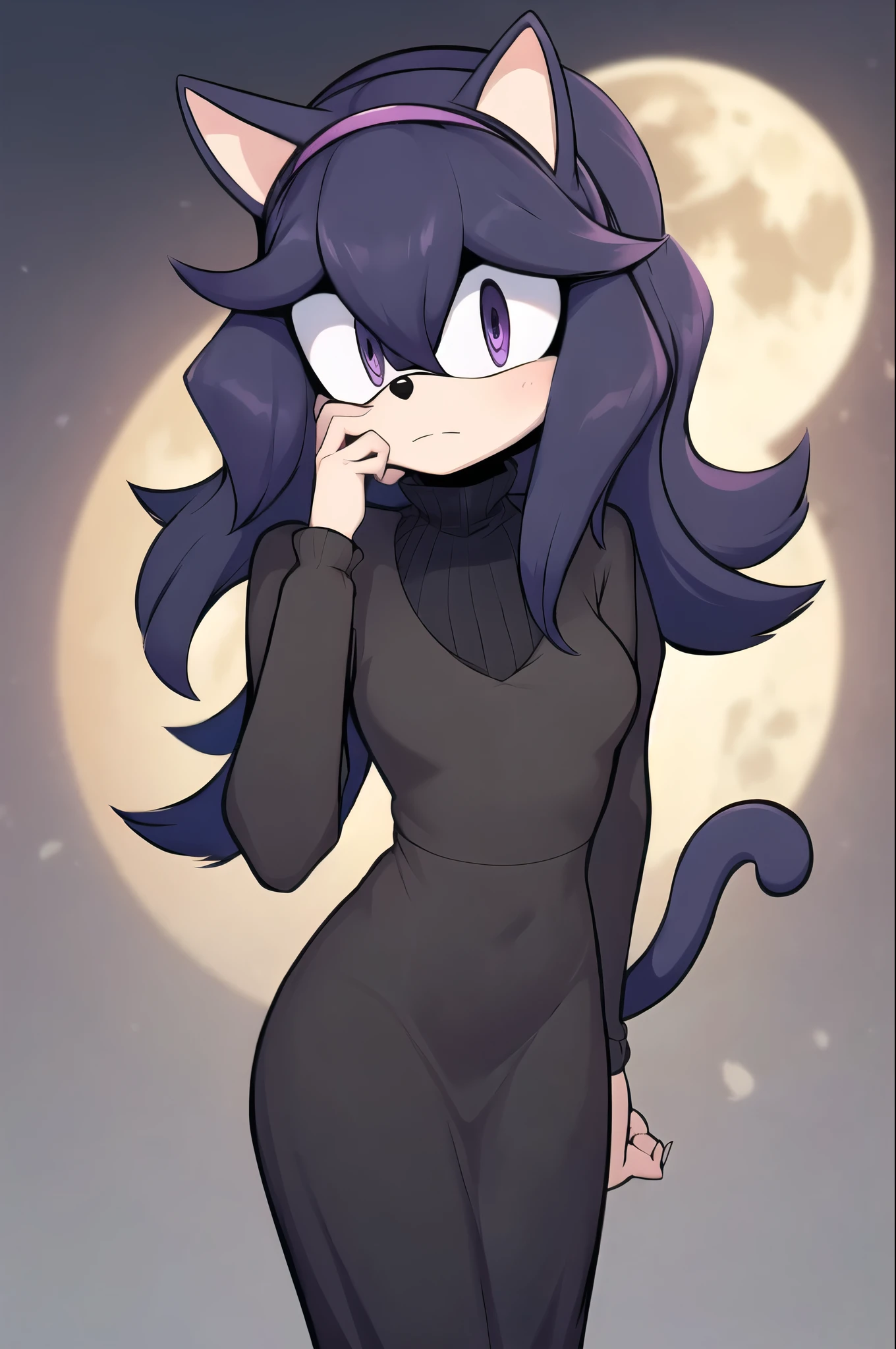 ((masterpiece,best quality)), absurdres, hex maniac (pokemon), long hair, ahoge, purple hairband, purple eyes, @_@, long black dress, (looking away shyly), cowboy shot, head tilt, full moon, hands behind back, one hand against cheek, shy, furry, (Mobian), cat, Mobian cat, single cat tail, sonic oc, Sonic the hedgehog series style, solo, 1girl
