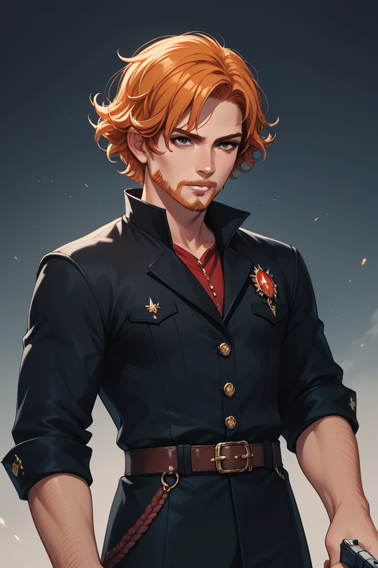 man, vampire hunter, pistol, strong, beautiful, adult face, short beard, orange hair, short hair, curly hair, black uniform