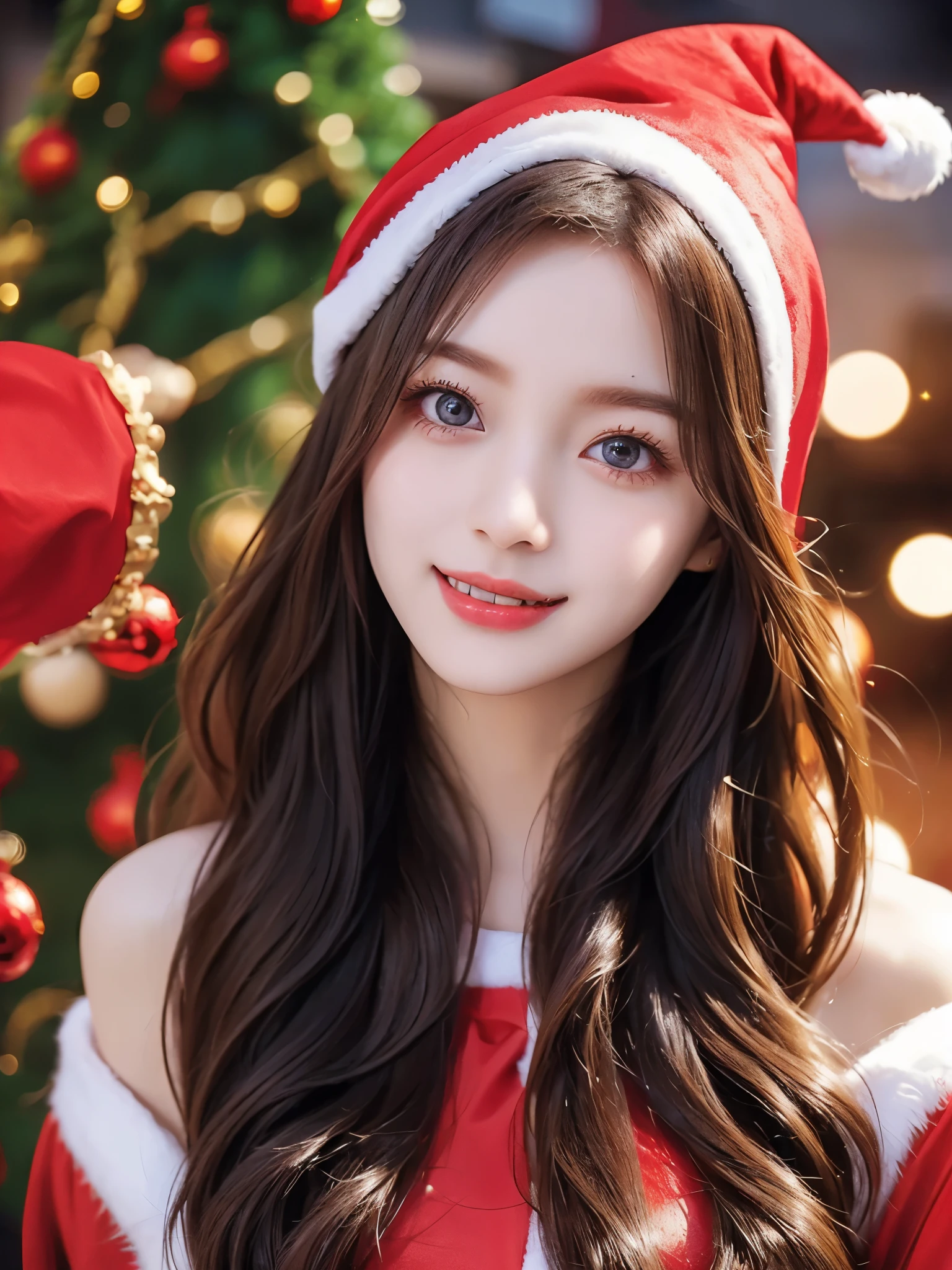 top quality、 super high resolution 、(Photographically: 1.4)、 beautiful eyes、 very beautiful 、 shiny hair 、Thin hair、 Merry Christmas 、 Christmas tree、smile、(( red Santa Claus costume 、Santa hat、Forehead))