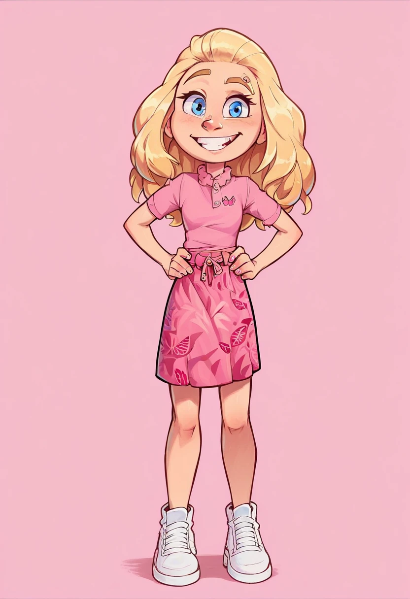 1girl, solo, JAYDAWENGER, long hair, blonde hair, blue eyes, pink shirt, skirt, white footwear, full body, Standing, Hands ln hips, smiling, raising Her left eyebrow, Pink Background