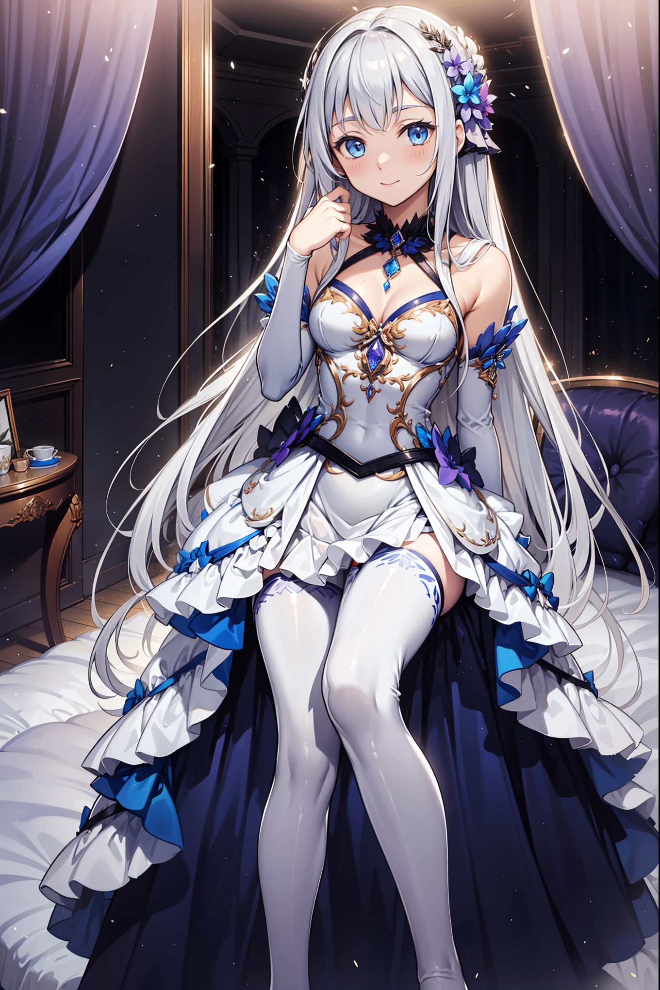 teens girl,Enchanted,having fun,Being in love,Light white princess dress in fantasy world,Light silver hair,eBlue eyes,A small amount of lilac pattern,A small amount of sky blue cloth,(see-through transparent clothes),(exquisite costumes),Bedrooms,solo person,the night,Simple pantyhose,A small amount of lace,Dazzle,