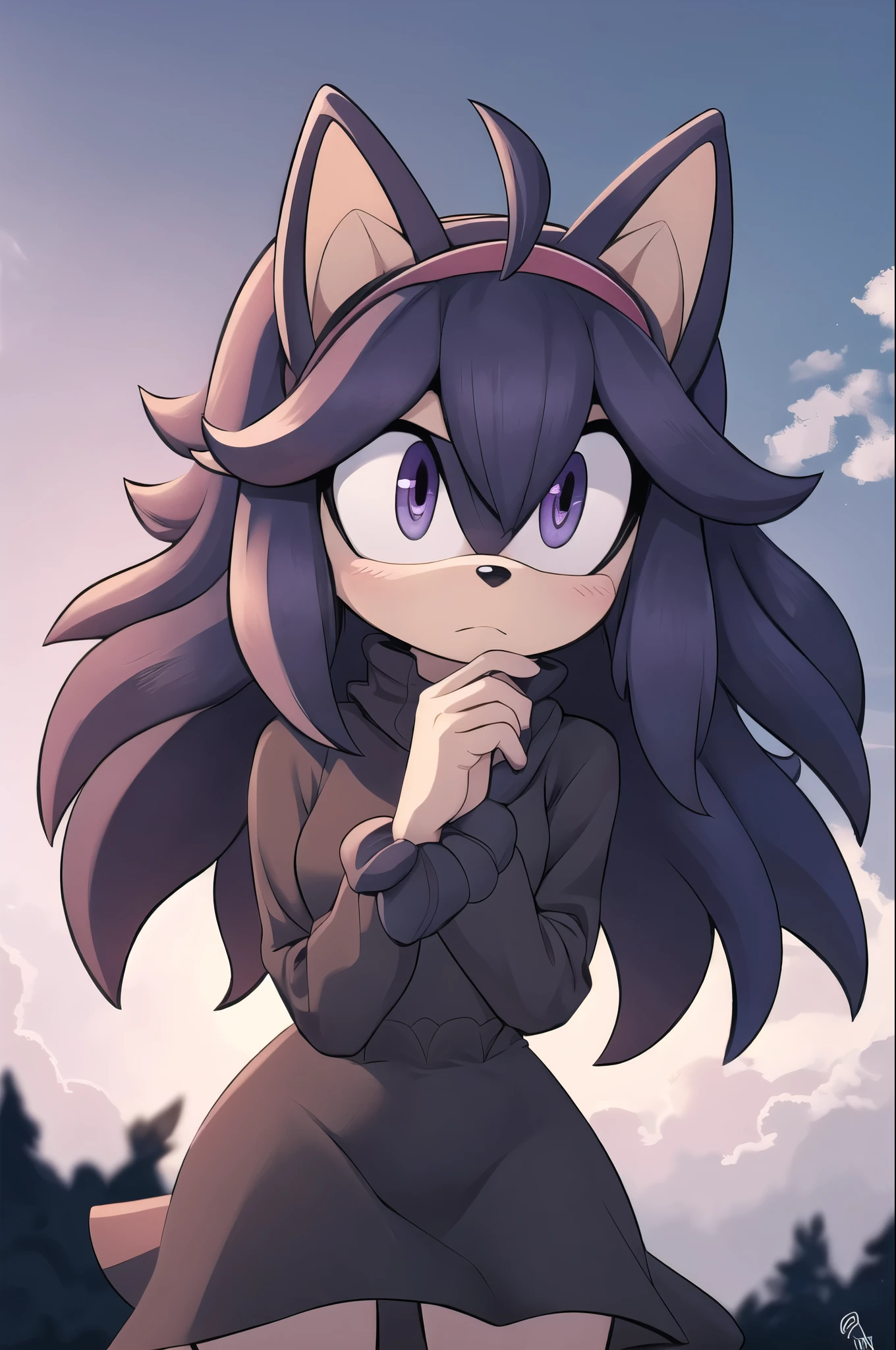 ((masterpiece,best quality)), absurdres, hex maniac (pokemon), long hair, ahoge, purple hairband, purple eyes, @_@, long black dress, ((looking away shyly)), cowboy shot, head tilt, full moon, one hand against cheek, shy, furry, (Mobian), cat, Mobian cat, single cat tail, sonic oc, Sonic the hedgehog series style, solo, 1girl
