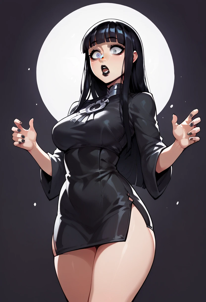 score_9, score_8_up, score_7_up, score_6_up, score_5_up, score_4_up, BREAK 1girl, black hair, long hair, grey eyes, thick lips, long eyelashes, surprised expression, standing in a dark party, blunt bangs, adult, harsh lighting, BREAK solo, large breasts, adult, skinny, arched back, thigh gap, female pilot outfit, BREAK (party background:1.2), simple background, innocent, lovely, adorable, dynamic pose
