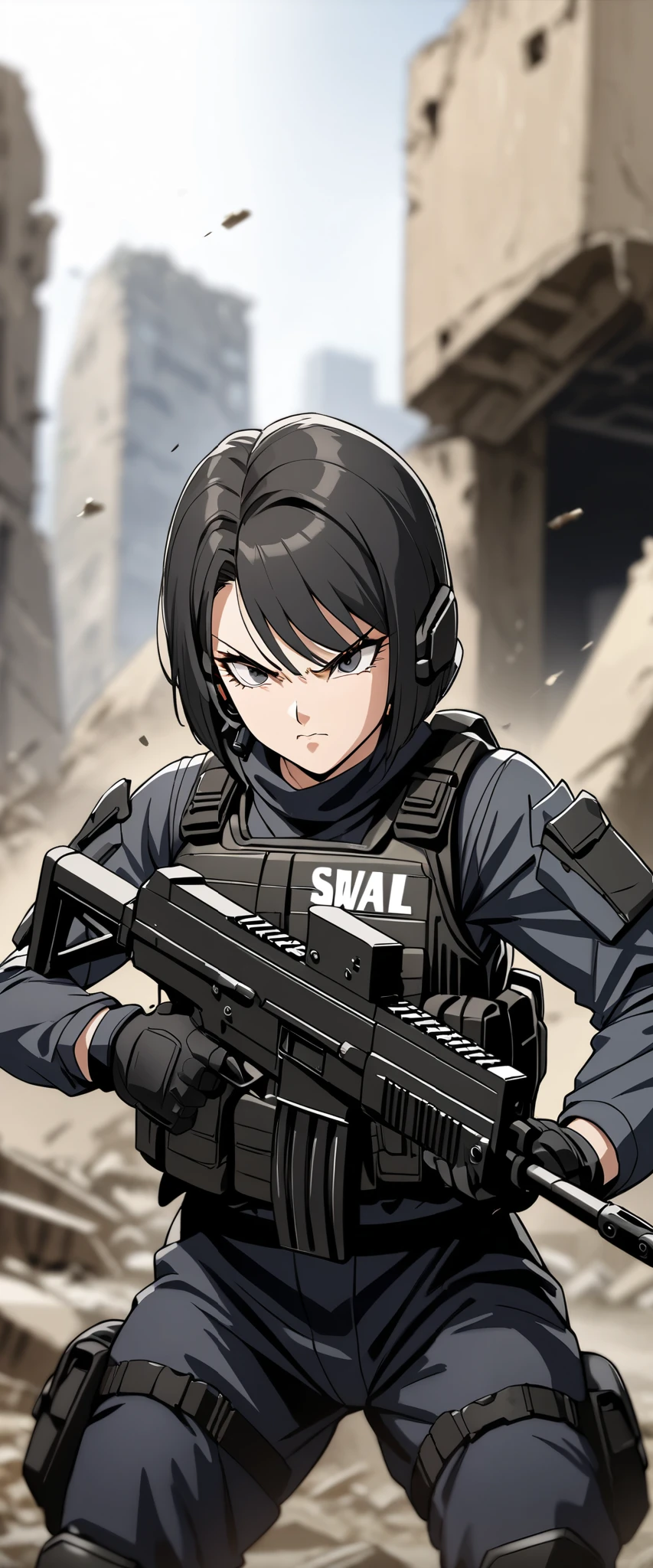 (masterpiece),(highest quality),(High resolution),(Very detailed),One woman,48 years old,Mature Woman,Japanese,Black Hair,Short Bob,Beautiful Eyes,Long eyelashes,Beautiful Hair,Beautiful Skin,Serious,BREAK(((Gunfight))),(Dynamic Movement),((submachine gun)),SWAT Uniforms,black bulletproof vest, Combat Boots, Black Tactical Forster,Tactical Headset,(The background is the rubble of ruins),(((Background Blur)))