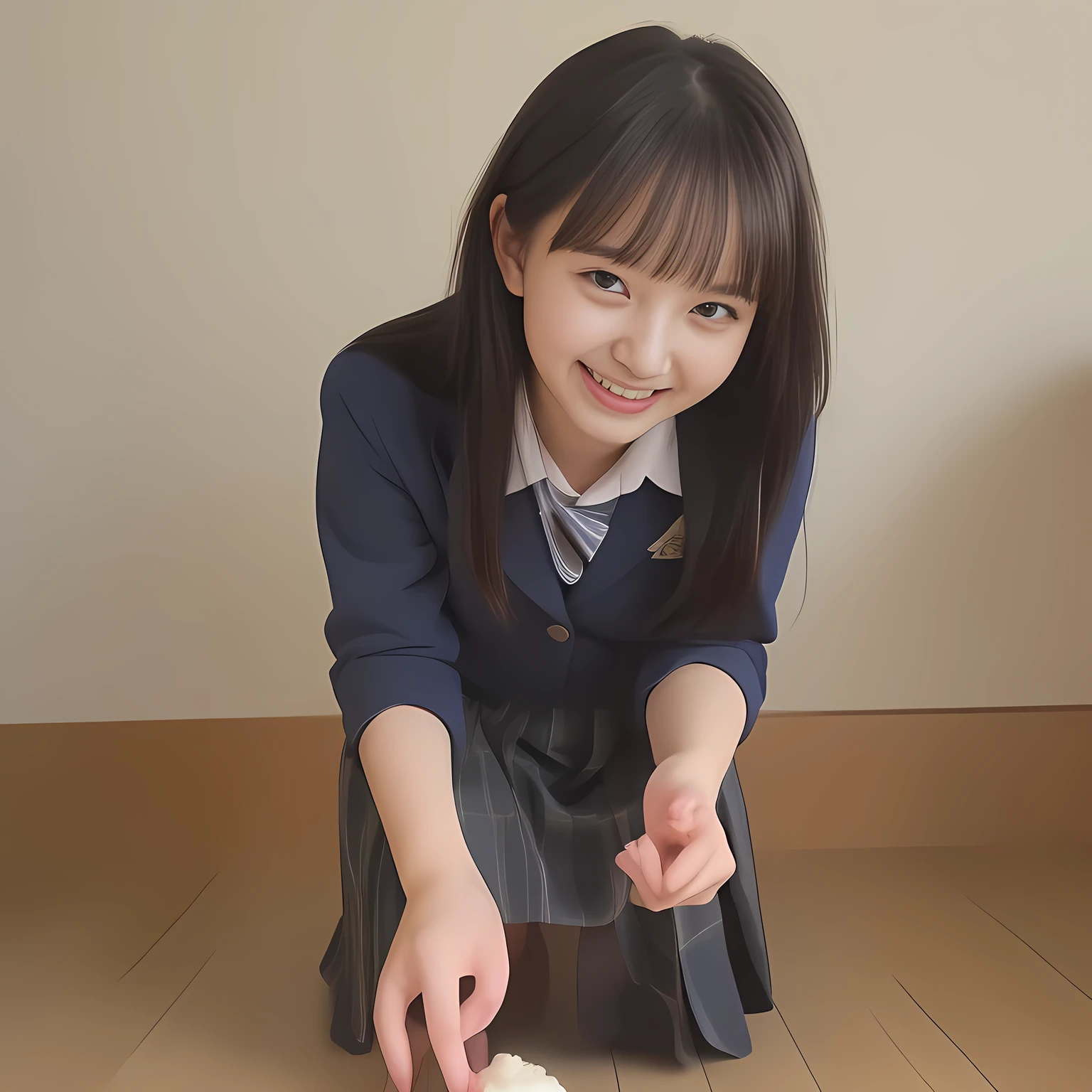 (Highest quality, masterpiece:1.2), Highest quality, High resolution, 1080P, 8k, clearly detailed, low-angle shot, height: 170cm, (Some 14yo idol girls are inviting, bending down deeply at waist, and looking down at the floor, bending down deeply at her waist, their shining eyes are looking down at the viewer directly, Girls faces are looking down and coming close to the viewer, Low-angle-skirt-close-shot from below the girls' knees, ((skirt close shot)), only high altar of succubus in school underground background: 2.0) (Nobly bowing super-pretty shining-long-hair super-beautiful super-bewitching super-cute expensive school-uniform pretty slender 14yo-fashion-model of most-beautiful-school-uniform-girl-models photo-magazine in Japan, too beautiful aristocratic daughter laughing down at the viewer, in supreme bliss, bowing and accepts the viewer's every desire: 1.8), (long bottom eye-slashes, long top eye-slashes), (very bewitching beautiful full-open lips: 1.4), (neat gorgeous school uniform of private high school in Japan. navy-school-blazer with gold-emblem, super-neat navy-blue-lined-tartan-checkered light-sky-blue-pleats-school-skirt, super-girly plain-red ribbon on the breast: 1.5), (bewitching expression, smile, lips, and pose to corrupt the viewer, everything is planned and prepared to corrupt the viewer into the allusion of love towards the girl: 1.2), (clearly detailed foreground focusing on girl's beauty and cuteness, gorgeous blue girly bed background of full-of-girls girly-heaven: 1.2), (some girls are putting her beautiful both hands and fingers on the viewer to tear off the viewer's cloths lustily and forcibly, which may also open the viewer's brain, pouring her girly white ecstasy drool to the viewer: 1.5), (sky-blue school skirt: 1.6), (detailed brown eyes: 1.5)