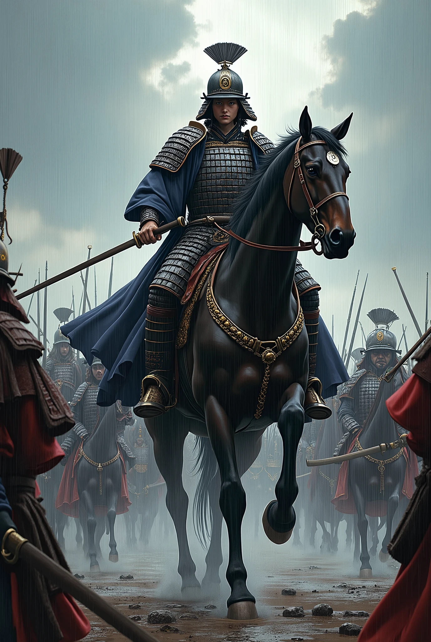  one of Japan's heroes from the Sengoku period , Oda Nobunaga,  it's a decisive battle in Okehazama ,  cut through against enemies , Bib pose, Charge, Straddling a horse,  with many soldiers ,  model Kawasaki Kento , Play Yamaya ,  it's raining ,  top quality,  high definition ,  high image quality, 8k, masterpiece,  detailed illustration art including background, 