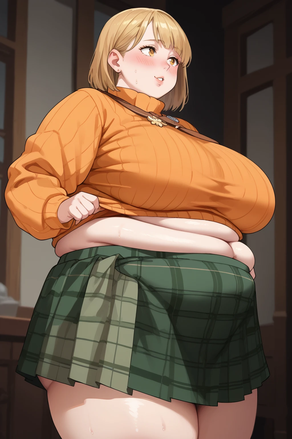 Ashley Graham , ashley graham,　 shortcuts,　 orange sweater ,  miniskirt,  green plaid skirt,  Long Sleeve ,  yellow eyes, Thighs,  Golden Hair ,  score_9,  score_8_up,  score_7_up,  score_6_up,  score_5_up,  score_4_up,  Masterpiece ,  top quality,  Very Aesthetic,  absurd,  source_Anime, Anime screencap,  one woman , Alone,  personal  , Super huge breasts, ((( super huge clevis, Super huge , Super huge boob))), Curvy,  chubby, Mature Woman,  obese body type, blush,  troubled expression,  belly fat sticking out of clothes,　 sloppy stomach , A woman wearing a skirt , puzzled expressions,