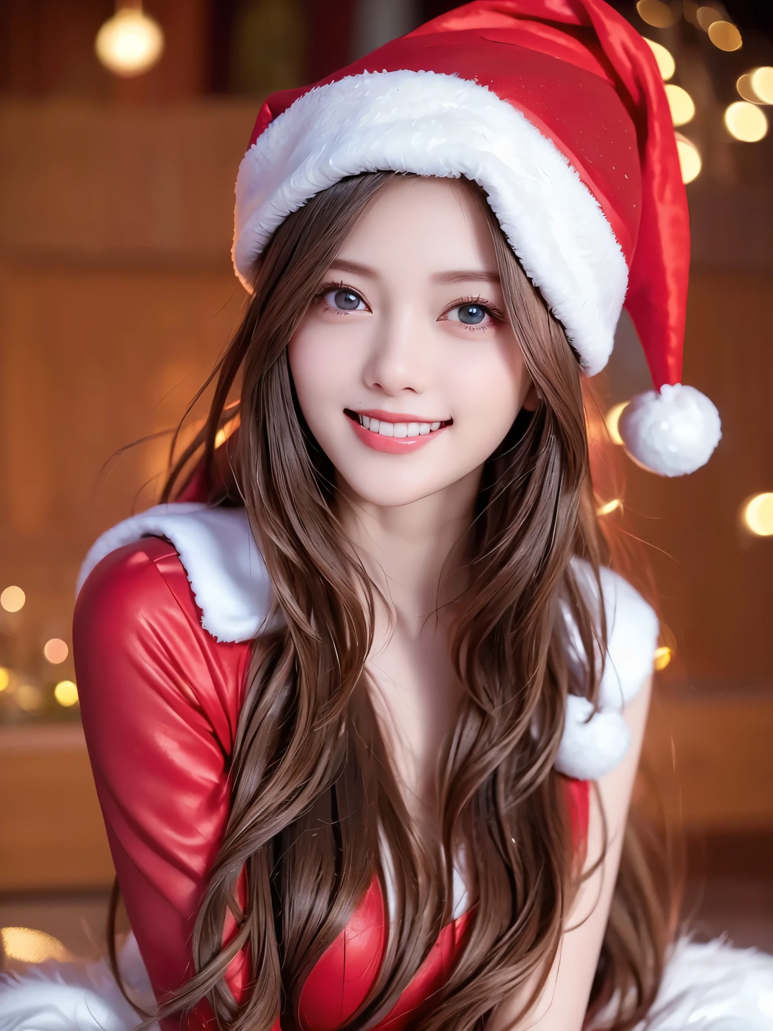  top quality、 super high resolution 、(Photographically: 1.4)、 beautiful eyes、 very beautiful 、 shiny hair 、Thin hair、 Merry Christmas 、 Christmas tree、smile、(( red Santa Claus costume 、Santa hat、Forehead))