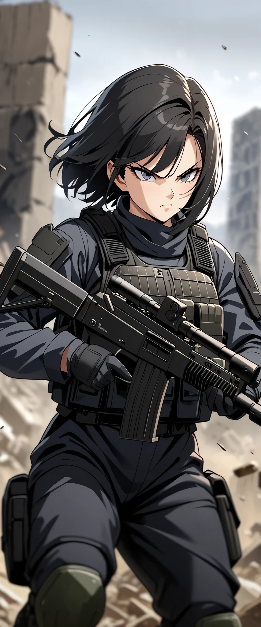 (masterpiece),(highest quality),(High resolution),(Very detailed),One woman,48 years old,Mature Woman,Japanese,Black Hair,Short Bob,Beautiful Eyes,Long eyelashes,Beautiful Hair,Beautiful Skin,Serious,BREAK(((Gunfight))),(Dynamic Movement),((submachine gun)),SWAT Uniforms,black bulletproof vest, Combat Boots, Black Tactical Forster,Tactical Headset,(The background is the rubble of ruins),(((Background Blur)))