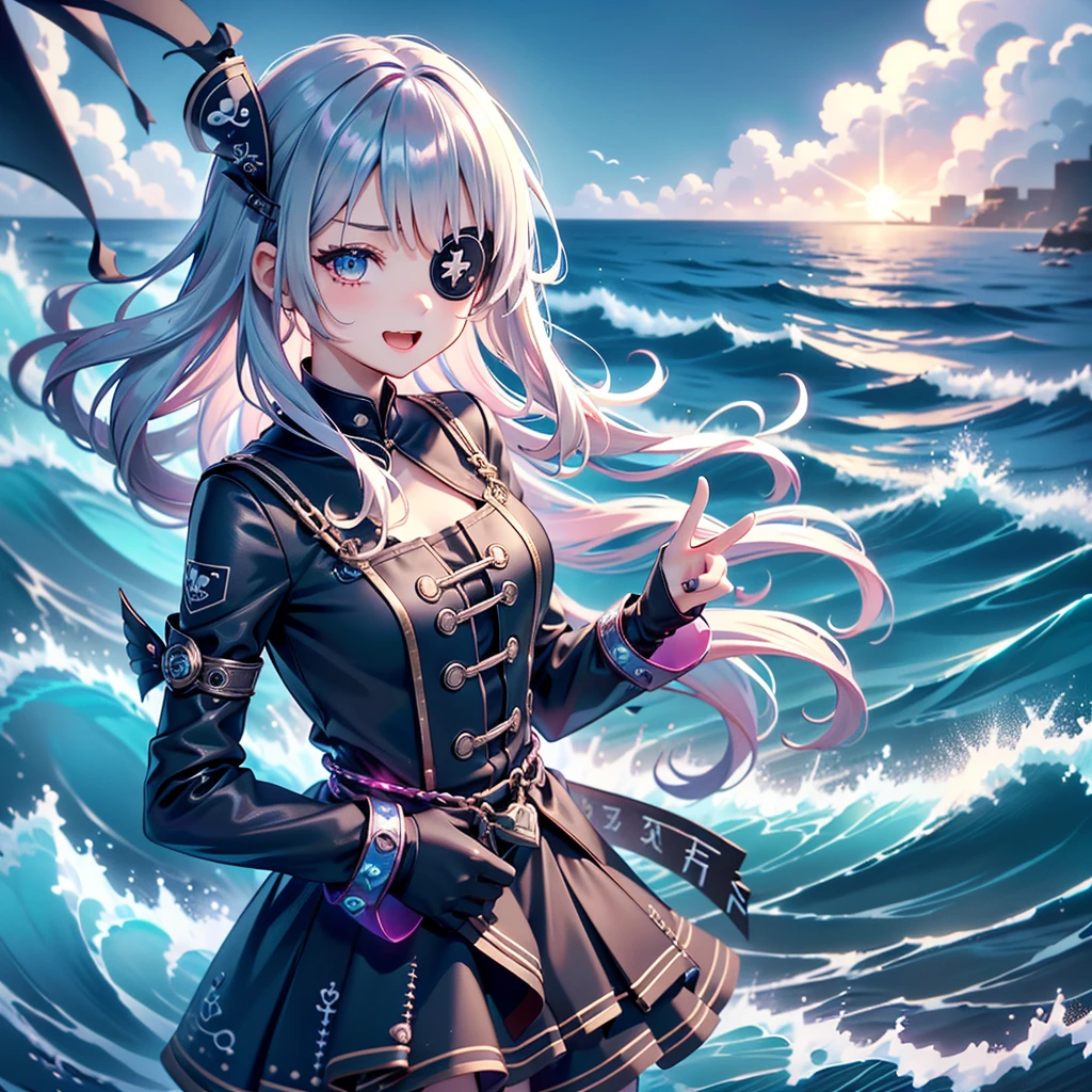 1girl， pretty face、Baby Face、背景に巨大なsea賊船、cute pirates 、huge anchor 、((( best detail、 Dynamic Best Composition、 top quality、 Masterpiece、 more、 high definition)))、 goth pirate suit ，Very complex， exquisite，Shift dress，frills，ribbon，bandage，sea賊，Giant ，2000，E-girls， かわいいデザインのEye patch ，Adorable Decor ，Subculture， laughing in front of the car ，  avant-garde and innovative clothing design 、 Harajuku style、whole body、 view viewers、neon light palette、sea賊、sea賊帽、Eye patch、sea、Wave、荒Wave、