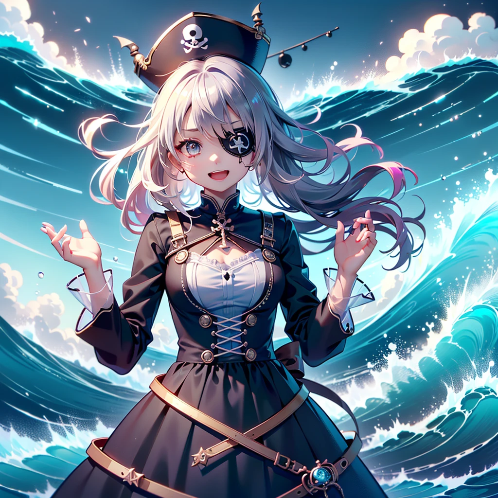 1girl， pretty face、、背景に巨大なsea賊船、cute pirates 、huge anchor 、((( best detail、 Dynamic Best Composition、 top quality、 Masterpiece、 more、 high definition)))、 goth pirate suit ，Very complex， exquisite，Shift dress，frills，ribbon，bandage，sea賊，Giant ，2000，E-girls， かわいいデザインのEye patch ，Adorable Decor ，Subculture， laughing in front of the car ，  avant-garde and innovative clothing design 、 Harajuku style、whole body、 view viewers、neon light palette、sea賊、sea賊帽、Eye patch、sea、Wave、荒Wave、