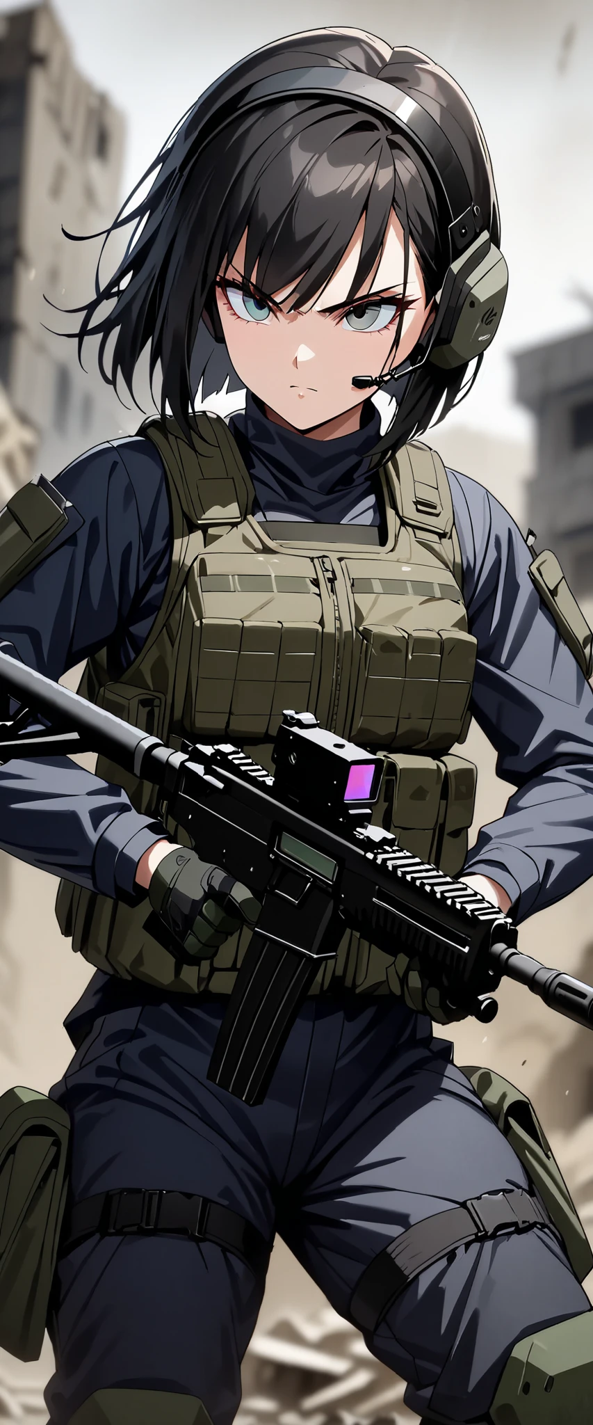 (masterpiece,Highest quality,Ultra-high resolution),One Woman,Japanese,Black Hair,Short Bob,(((Beautiful Eyes,Beautiful Hair,Beautiful Skin,Beautiful Face))),Serious,whole body,(((Gunfight))),(Dynamic Movement),((Small machine gun)),SWAT Uniforms,Black bulletproof vest, Combat Boots, Black Tactical Forster,Tactical Headset,Tactical Helmet,(The background is the rubble of ruins),(((Background Blur)))