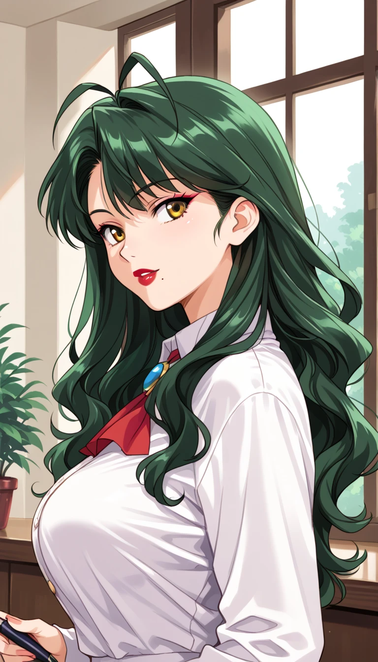 suigurakasumi, green hair, wavy hair, long hair, antenna hair, yellow eyes, makeup, red lipstick, large breasts, mole under mouth, brooch,red ascot, white shirt, upper body, window, holding, holding pen, from side, 1990s (style), indoors, tree, bow, retro artstyle,looking away, 8k,masterpiece,absurdes,highly detailed,highres,high quality,best quality,realistic