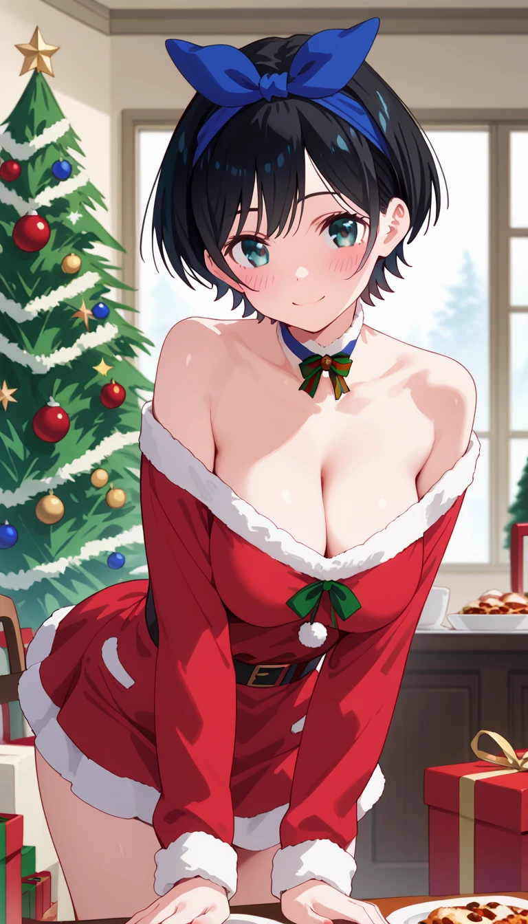 best quality, high resolution, 8k, alone, ((blush:1.5)), (Ruka Sarashina, short hair, bangs, black hair, ribbon, hair ribbon, headband, blue headband, large breasts), happy smile, christmas dress, mini skirt, christmas background, christmas dinner, christmas prsent, off shoulder, ((downblouse)), leaning forward