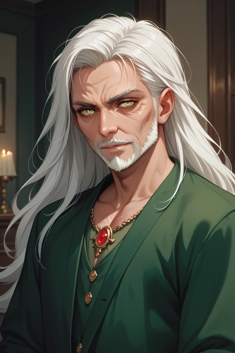 man, old scary vampire, strong, beautiful, adult face, short beard, white hair, long hair, big yellow eyes, green clothes