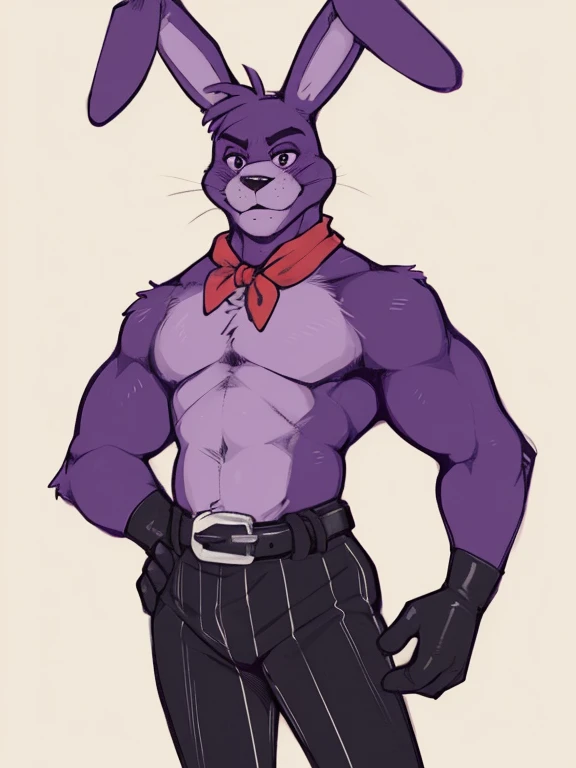 (by zackary911, anime, soft hatching) anthropomorphic, solo, human anatomy, adult, tall, mature, anthro, (muscular, biceps, soft abs), (Bonnie (FNAF), purple fur, hare ears, hare, bunny, bunny ears), (black and white striped pants, black gloves, white belt around waist, red bandana)