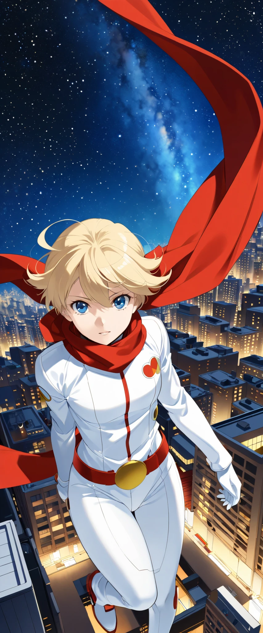  very real and detailed 、 blond hair、 wearing a white cyborg 009 costume and wearing a red scarf。 beautiful woman's 003 、Françoise Arnou 、Detailed image of Cyborg 003 、Flying through buildings from the night sky 、 Milky Way Galaxy on Background 。