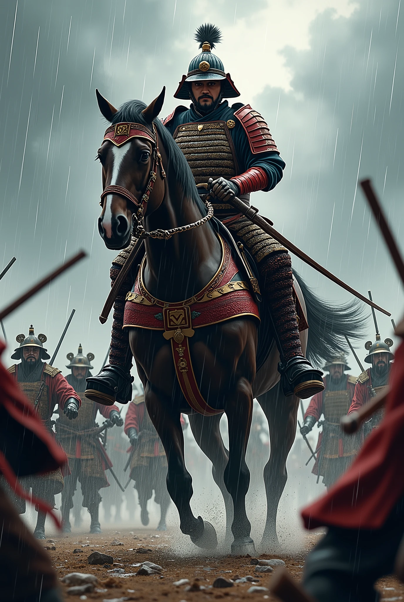  one of Japan's heroes from the Sengoku period , Oda Nobunaga,  it's a decisive battle in Okehazama ,  cut through against enemies , Bib pose, Charge, Straddling a horse,  with many soldiers ,  model Kawasaki Kento , Play Yamaya ,  it's raining ,  top quality,  high definition ,  high image quality, 8k, masterpiece,  detailed illustration art including background, 