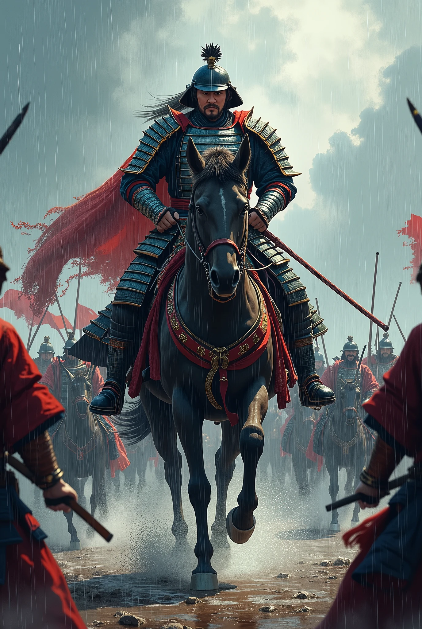  one of Japan's heroes from the Sengoku period , Oda Nobunaga,  it's a decisive battle in Okehazama ,  cut through against enemies , Bib pose, Charge, Straddling a horse,  with many soldiers ,  model Kawasaki Kento , Play Yamaya ,  it's raining ,  top quality,  high definition ,  high image quality, 8k, masterpiece,  detailed illustration art including background, 