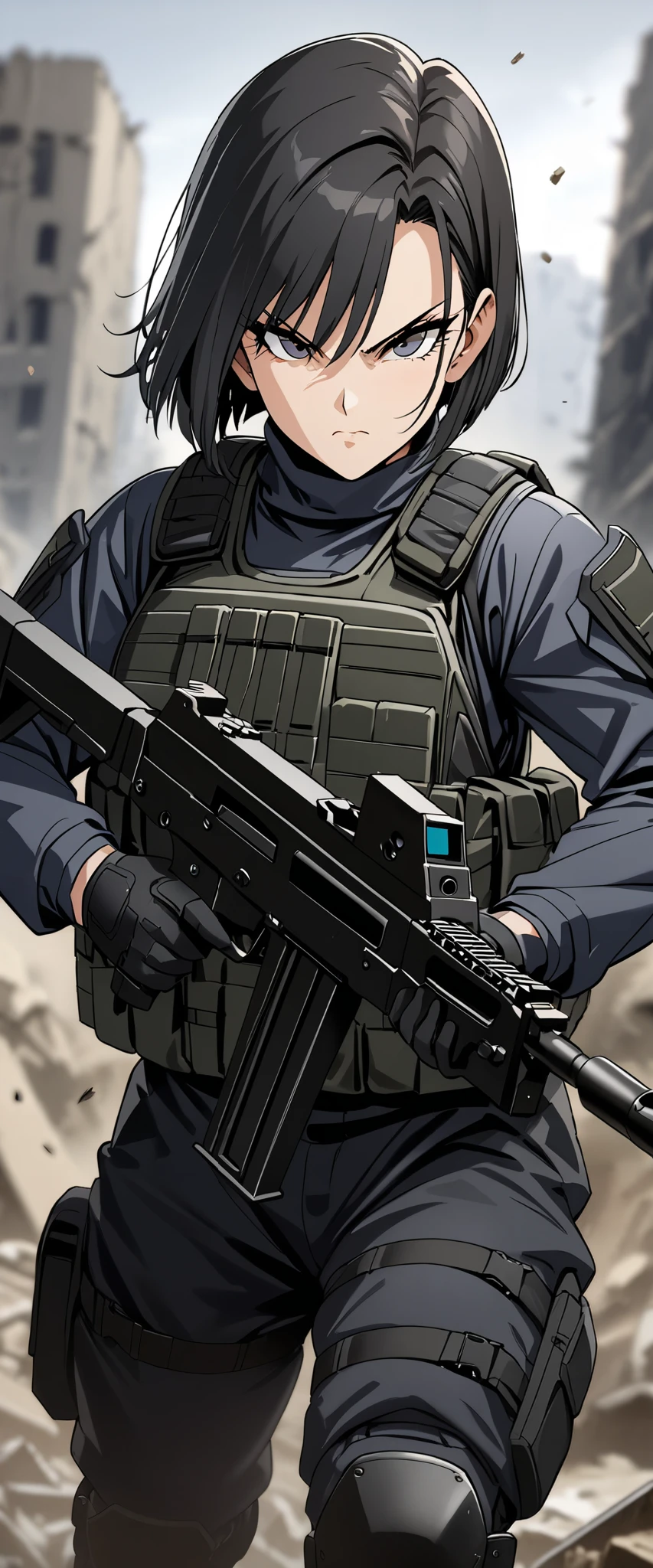 (masterpiece),(highest quality),(High resolution),(Very detailed),One woman,48 years old,Mature Woman,Japanese,Black Hair,Short Bob,Beautiful Eyes,Long eyelashes,Beautiful Hair,Beautiful Skin,Serious,BREAK(((Gunfight))),(Dynamic Movement),((submachine gun)),SWAT Uniforms,black bulletproof vest, Combat Boots, Black Tactical Forster,Tactical Headset,(The background is the rubble of ruins),(((Background Blur)))