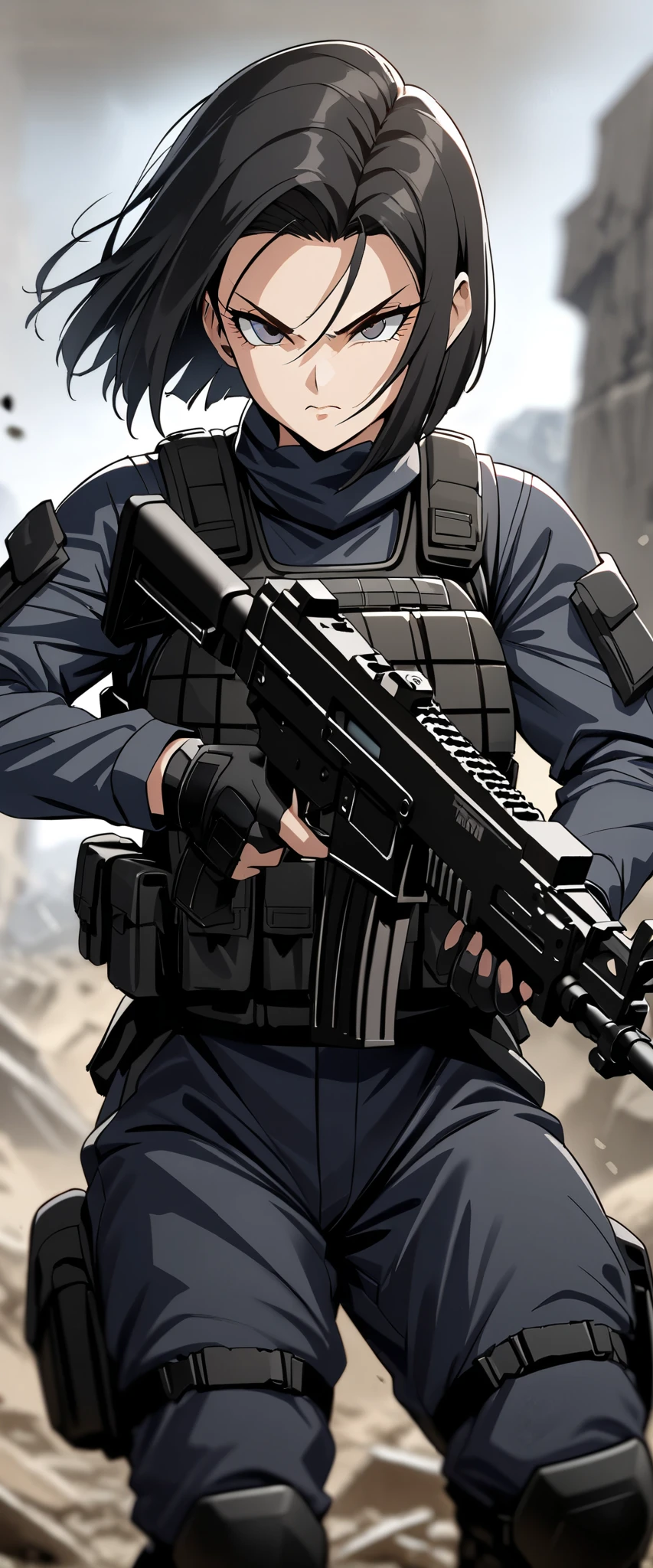 (masterpiece),(highest quality),(High resolution),(Very detailed),One woman,48 years old,Mature Woman,Japanese,Black Hair,Short Bob,Beautiful Eyes,Long eyelashes,Beautiful Hair,Beautiful Skin,Serious,BREAK(((Gunfight))),(Dynamic Movement),((submachine gun)),SWAT Uniforms,black bulletproof vest, Combat Boots, Black Tactical Forster,Tactical Headset,(The background is the rubble of ruins),(((Background Blur)))