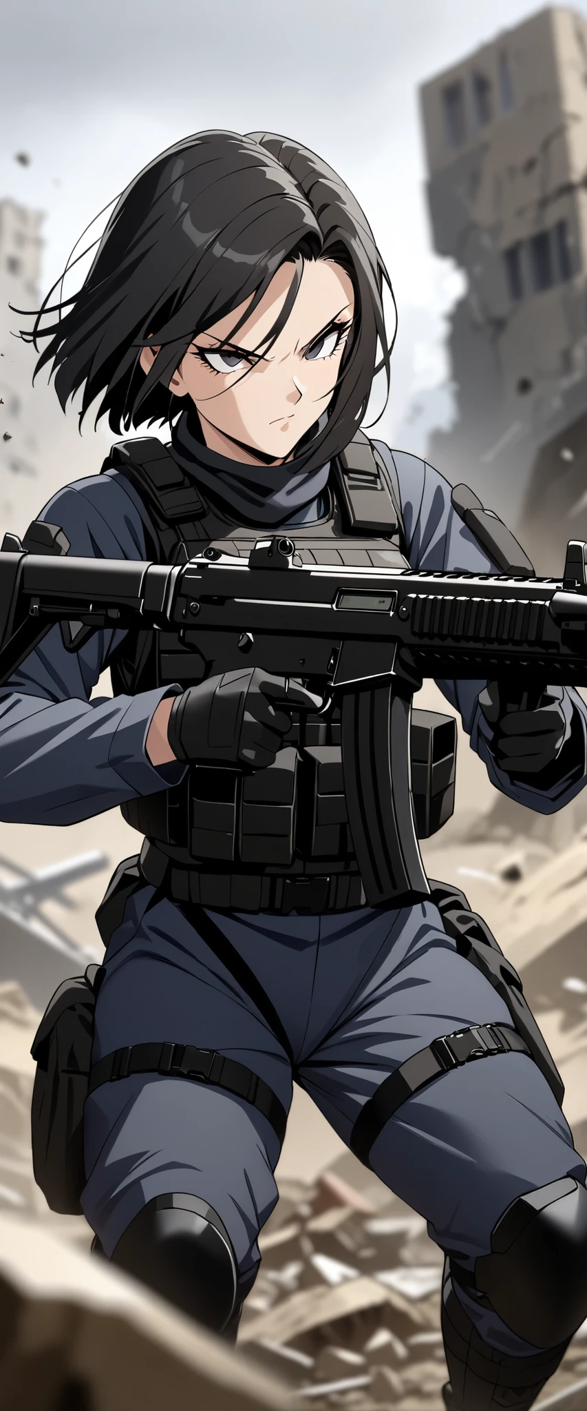 (masterpiece),(highest quality),(High resolution),(Very detailed),One woman,48 years old,Mature Woman,Japanese,Black Hair,Short Bob,Beautiful Eyes,Long eyelashes,Beautiful Hair,Beautiful Skin,Serious,BREAK(((Gunfight))),(Dynamic Movement),((submachine gun)),SWAT Uniforms,black bulletproof vest, Combat Boots, Black Tactical Forster,Tactical Headset,(The background is the rubble of ruins),(((Background Blur)))