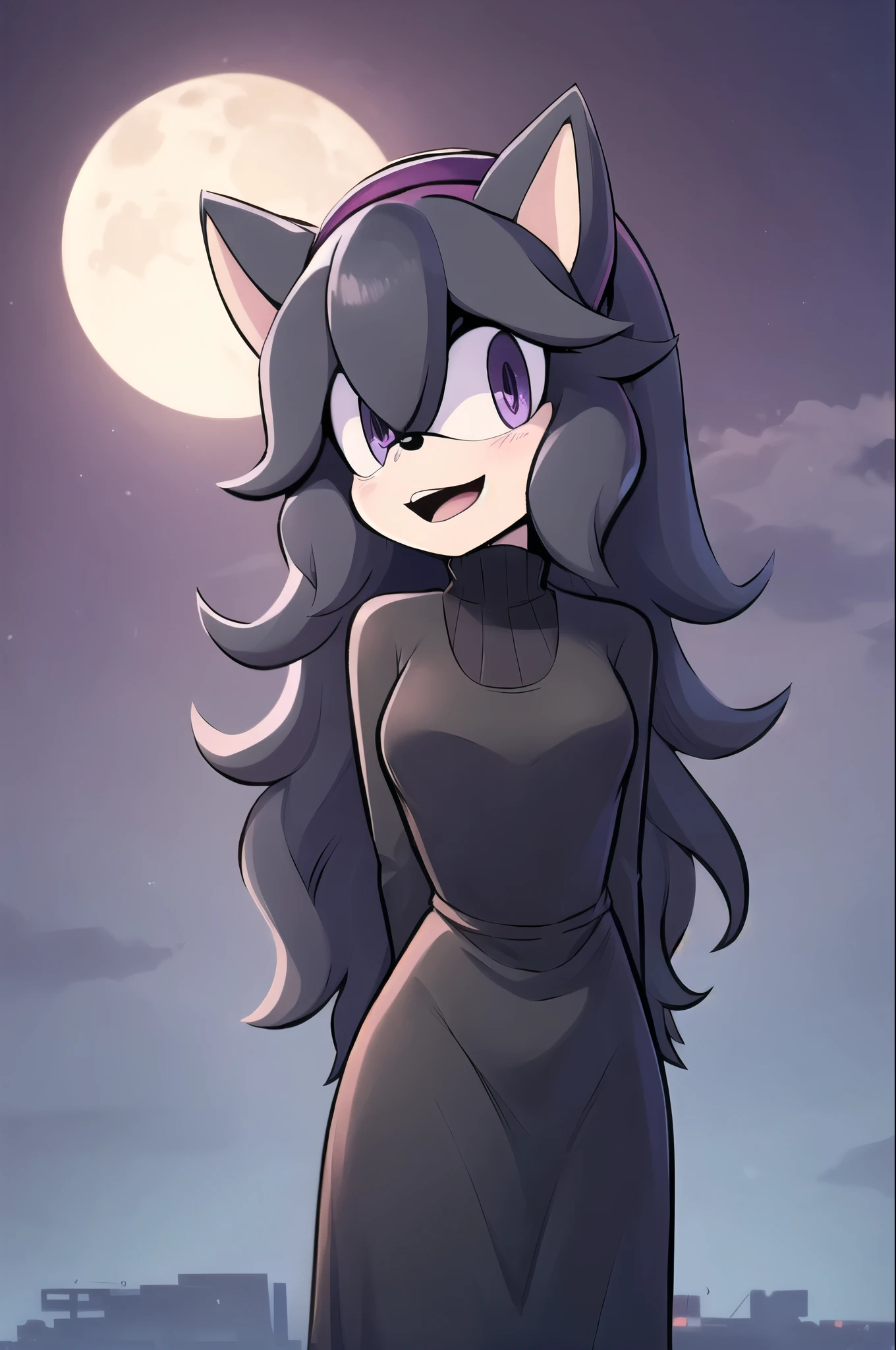 ((masterpiece,best quality)), absurdres, (hex maniac), (pokemon), long hair, ahoge, purple hairband, purple eyes, @_@, long black dress, small smile, open mouth, looking away from viewer, shy expression, cowboy shot, head tilt, full moon, hands behind back, (Mobian), cat, Mobian cat, sonic oc, Sonic the hedgehog series style, solo, 1girl
