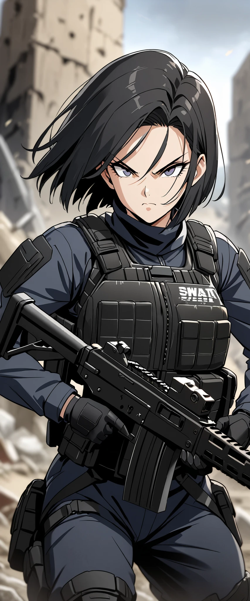 (masterpiece),(highest quality),(High resolution),(Very detailed),One woman,48 years old,Mature Woman,Japanese,Black Hair,Short Bob,Beautiful Eyes,Long eyelashes,Beautiful Hair,Beautiful Skin,Serious,BREAK(((Gunfight))),(Dynamic Movement),((submachine gun)),SWAT Uniforms,black bulletproof vest, Combat Boots, Black Tactical Forster,Tactical Headset,(The background is the rubble of ruins),(((Background Blur)))