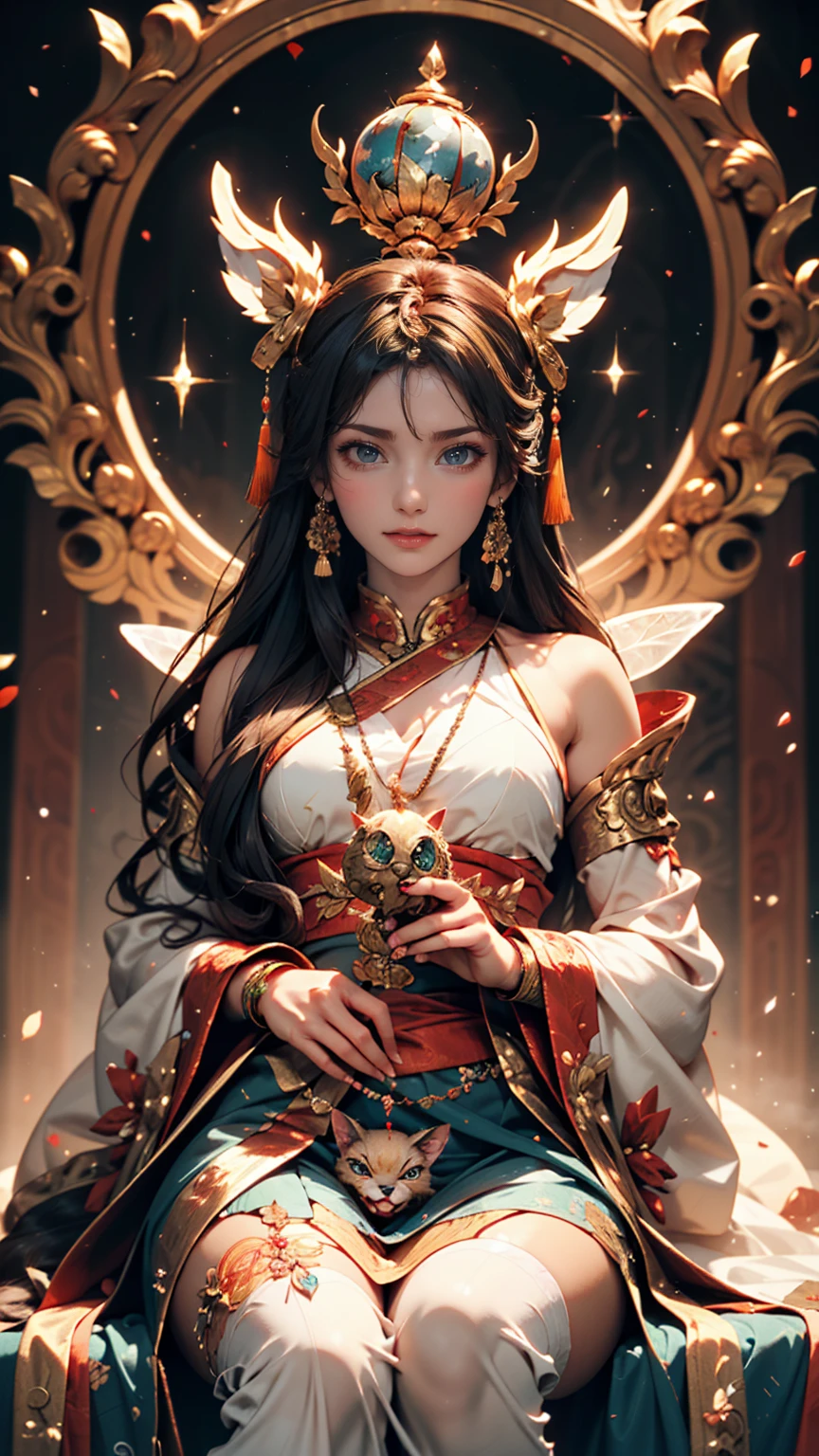 masterpiece),(need),(super detailed),A 20-year-old young woman,There is a petal shape in the middle of the forehead,pretty face,Cartoon 2D style visual effects,Holding a fan in his hand,Chinese,red hanfu,Sensitive parts are not exposed,Detailed embroidery,colorful,Background ancient attic compound,4K