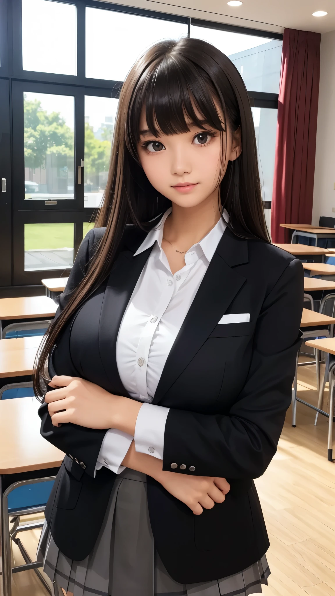 ((high quality)), ((Tabletop)), (Detailed face), (highlight), Asian Girl、Big breasts、thigh、Black Hair、Heavy bangs、high school girl、skirt、blazer、
