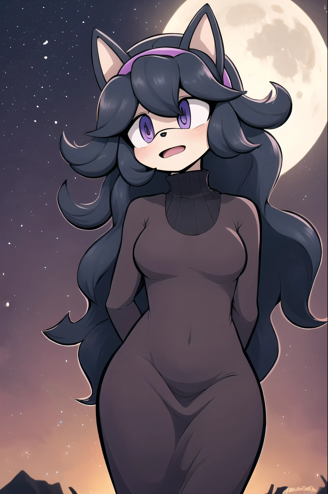 ((masterpiece,best quality)), absurdres, (hex maniac), (pokemon), long hair, ahoge, purple hairband, purple eyes, @_@, long black dress, open mouth, looking away from viewer, shy expression, cowboy shot, head tilt, full moon, hands behind back, (Mobian), cat, Mobian cat, sonic oc, Sonic the hedgehog series style, solo, 1girl
