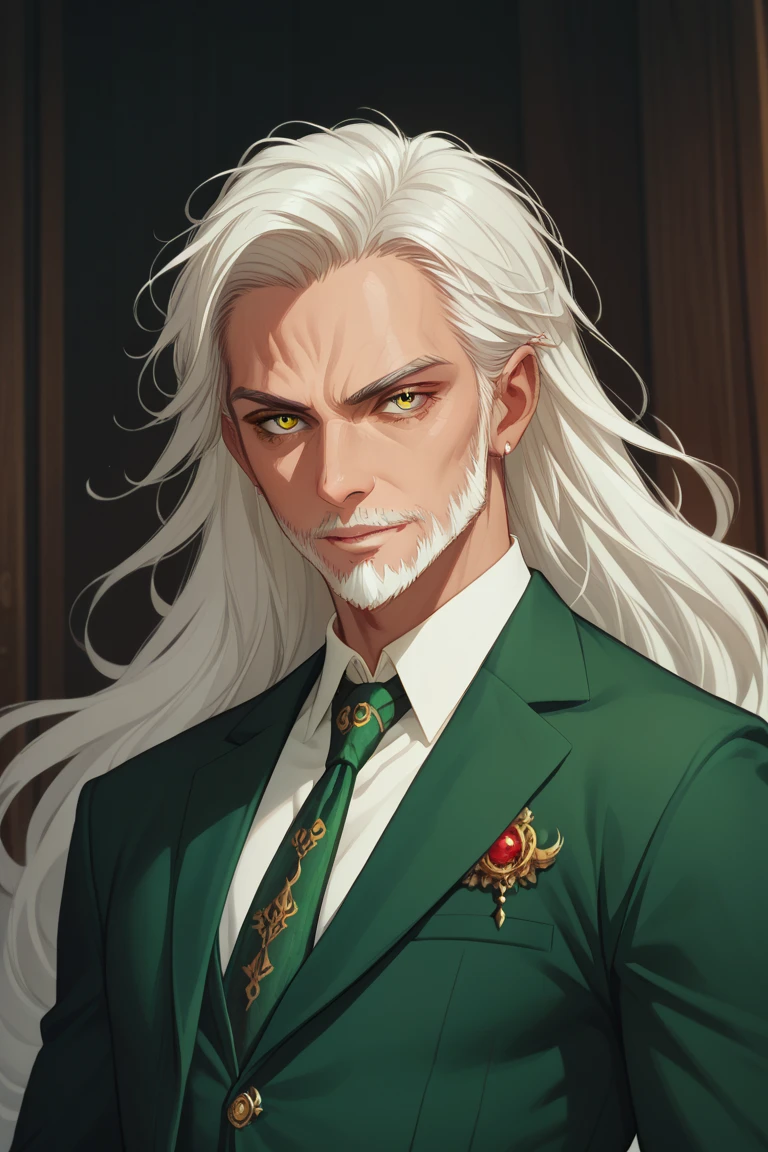 man, masterpiece, old vampire, strong, beautiful, adult face, short beard, white hair, long hair, big yellow eyes, green elegant suit