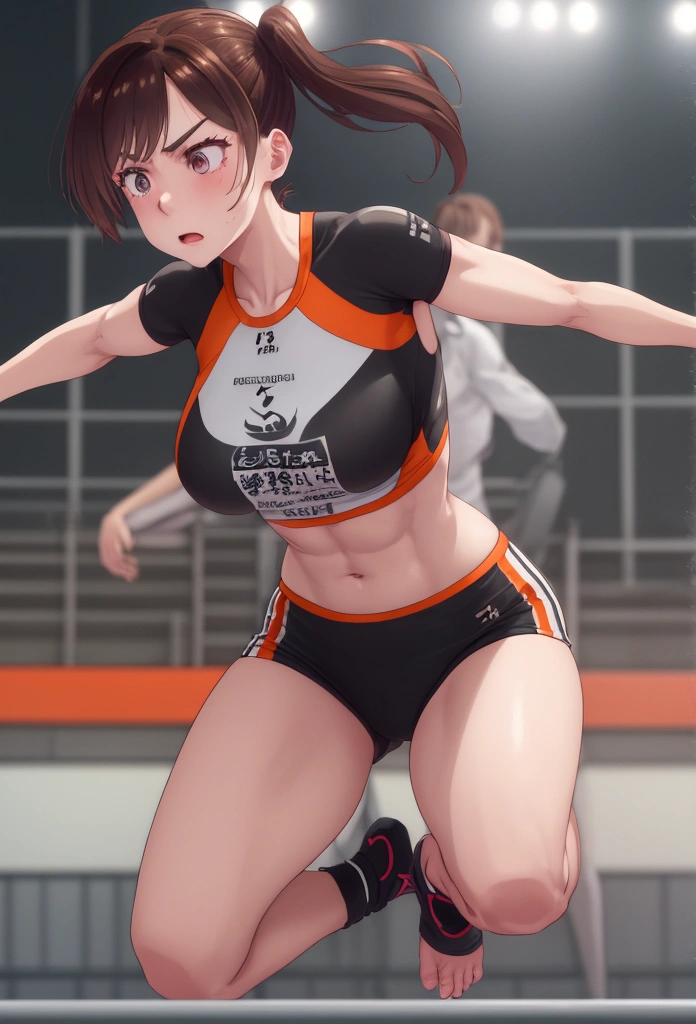 (highest quality, masterpiece:), ultra-high resolution, daytime, sunny, inside stadium, Korean gravure model, 24 years old, tight, back shot:1.5, looking back over the shoulder:1.5, wearing pink color football uniform, high leg, gigantic breasts, puffy nipple:1.4, skinny, bangs, long hair, brown hair, ponytail, choppy hair, unkempt hair:1.2, gorgeous earrings, beauty, embarrassed, blush:1.3, mature woman,