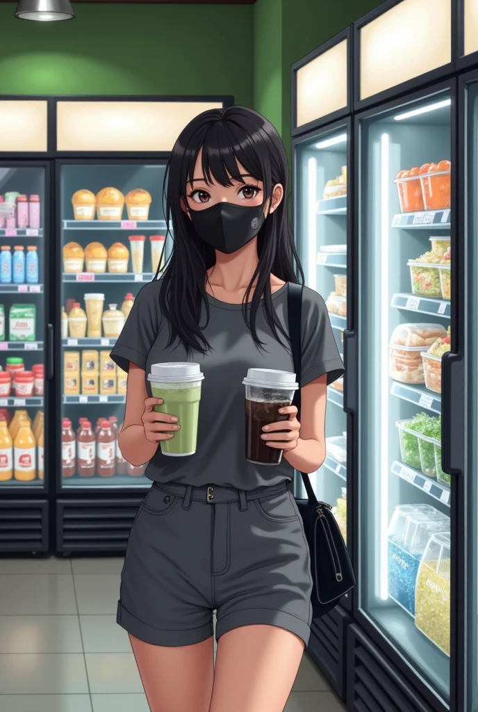 detailed visual scene occurring inside a convenience store. At the center of this indoor setting is a female character, identifiable by her light complexion and long, dark hair. She is dressed in a casual yet cohesive outfit, consisting of a gray, form-fitting short-sleeved shirt and complementary gray shorts. An essential accessory in the current pandemic context, a black face mask, is also part of her attire. In her hands, she holds a duo of disposable cups, with one showcasing a light-green beverage and the other a more mysterious dark-hued drink, suggesting a possible contrast in flavor or temperature.

The woman's fashion is not the only point of interest. A black shoulder bag is also present, resting across her body, potentially hinting at her readiness to continue her errands or travels. This bag adds a practical element to the scene, suggesting that she is not only here for the beverages but may have other items to purchase or carry with her.

The store's interior serves as a vivid backdrop to the woman. It is equipped with the standard conveniences one would expect, such as refrigerators and well-stocked shelves. These storage units are brimming with a plethora of food options, ranging from pre-packaged meals that cater to quick bites to fresh salads that offer a healthier alternative. Additionally, the selection includes a myriad of beverages, likely to quench the thirst of various customers with different preferences.

The ambiance of the store is illuminated by bright lighting, which is typical for such an indoor commercial environment. This brightness not only enhances the visibility of the products on display but also creates a sense of cleanliness and efficiency that is often associated with well-lit spaces. The overall scene is captured in a full shot, providing a comprehensive view of the woman and her surroundings within the store.