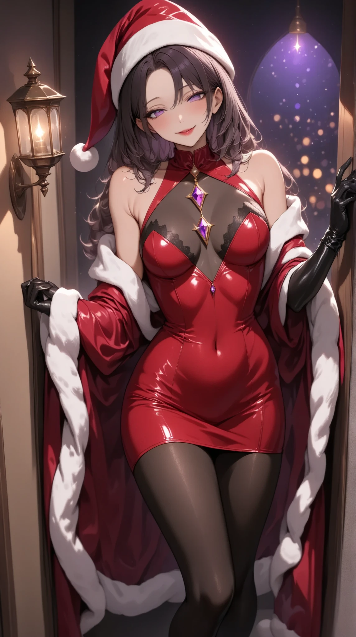  1 mature bewitching woman ,(masterpiece, top quality, very detailed depiction, Incredibly Absurd High Definition ,),(Bewitching Queen ),( red latex Santa Claus costume, red pencil skirt , bodystocking ,Santa hat,black lace gloves, luxury accessories ,A mysteriously shining jewel, black tights, high heels, thigh high boots),(Purple Eyes, Half Closed Eyes, are opening their mouths, bewitching smile, Glossy Lipstick, flat chested,Beautiful legs, healthy legs,Seductive gestures, forward leaning position), standing:1.3, full body image :1.3,Lamplight, view from above:1.3