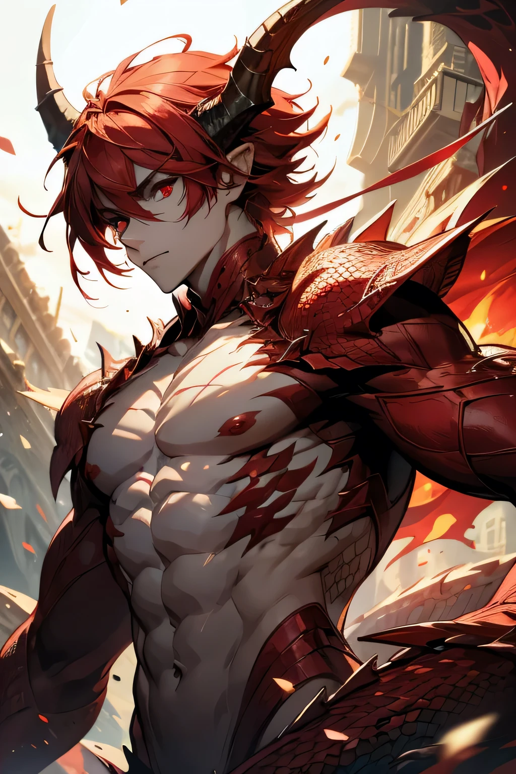man, spiky red hair, anime style, smile, white skin, hands in dragon claws, background inside a cave, hybrid, half human half dragon, red scales covering hands