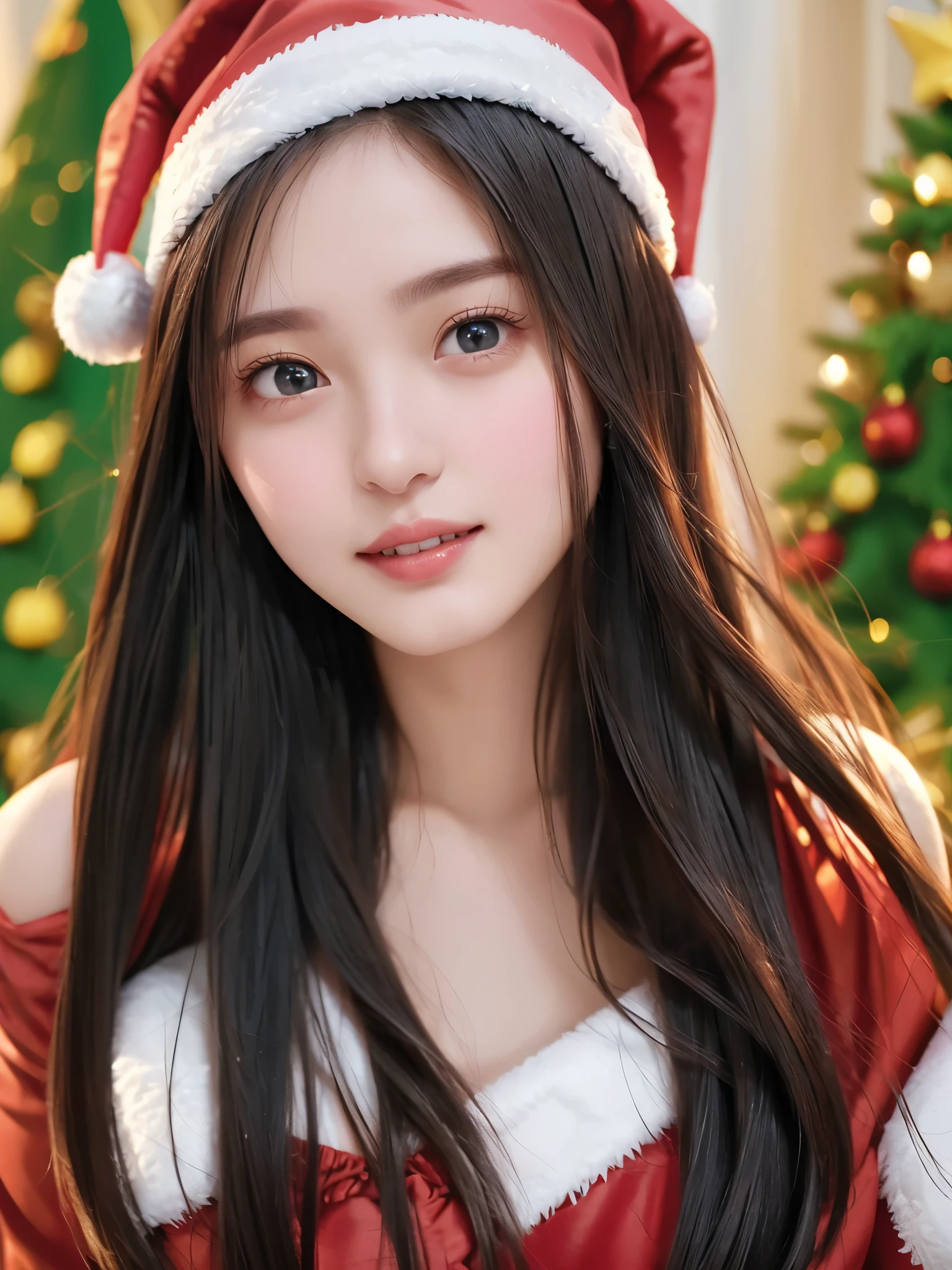 top quality、 super high resolution 、(Photographically: 1.4)、 beautiful eyes、 very beautiful 、 shiny hair 、Thin hair、 Merry Christmas 、 Christmas tree、smile、(( red Santa Claus costume 、Santa hat、Forehead))