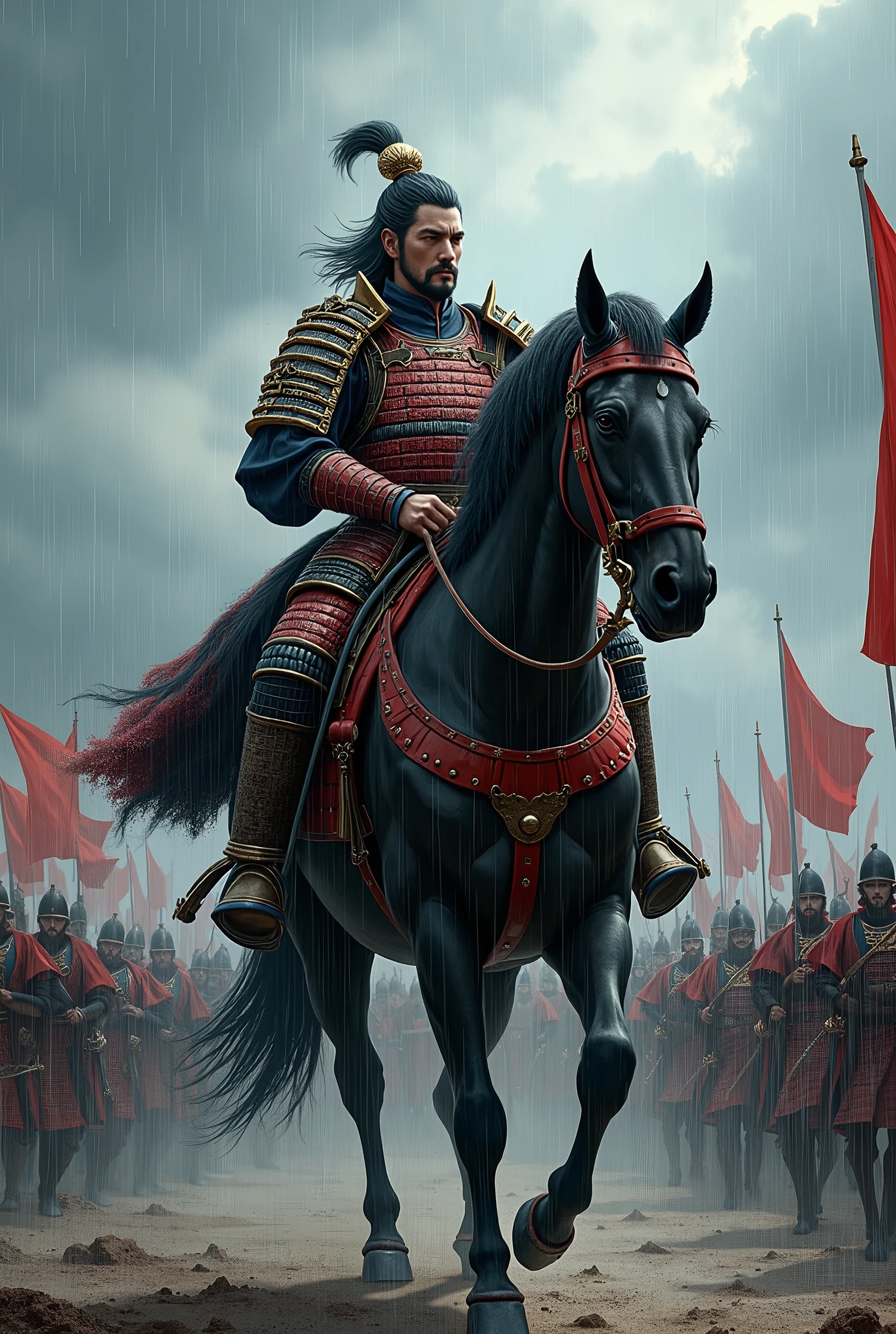  one of Japan's heroes from the Sengoku period , Oda Nobunaga,  it's a decisive battle in Okehazama ,  cut through against enemies , Bib pose, Charge, Straddling a horse,  with many soldiers ,  model Kawasaki Kento , Play Yamaya ,  it's raining ,  top quality,  high definition ,  high image quality, 8k, masterpiece,  detailed illustration art including background, 