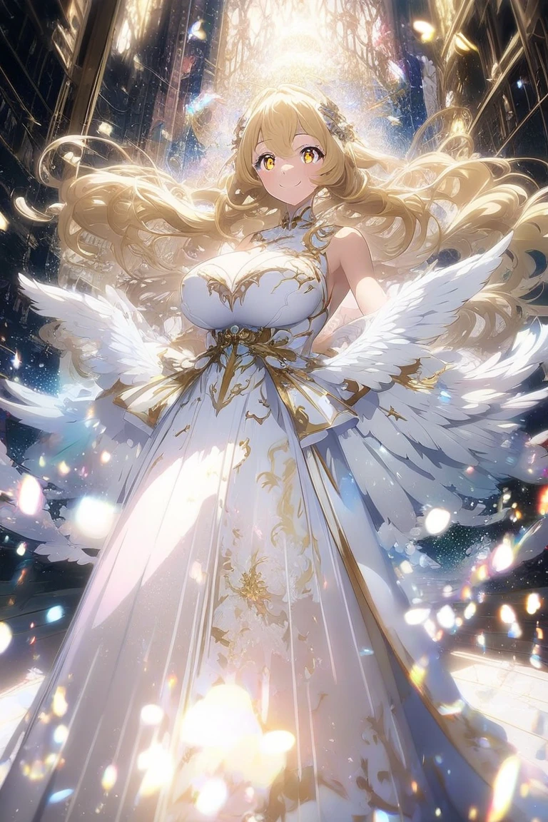 ((Highest quality)), ((masterpiece)), (detailed), （Perfect Face）、The woman is Hera, the Greek goddess, a magnificent and large angel.６An archangel and god with wings and a shining halo above his head.々Goddess Tiara, wife of Zeus, king of the gods, and queen of the sacred gods.、The woman was the beautiful goddess Goddess Tiare, queen of the one and only god Zeus, with green eyes and medium-long blonde hair. She was wearing a pure white vintage wedding dress with gorgeous gold embroidery and trim, a gorgeous vintage wedding veil, gorgeous jewelry and decorations, an engagement ring, and gorgeous accessories. She was an elegant goddess, the graceful, beautiful, sacred goddess and queen Goddess Tiare.