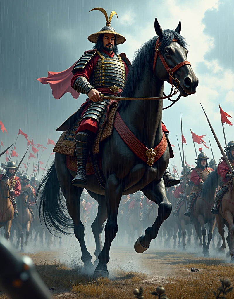  one of the heroes of Japan's Sengoku period , Takeda Shingen,  Battle of Mikatagahara ,  Takeda Cavalry Corps ,  cutting into the enemy , Raise a spear high , Charge, Bib pose, Straddling a horse,  with many soldiers ,  model Yakusho Koji ,  throw grassland ,  top quality,  high definition ,  high image quality, 8k, masterpiece,  detailed illustration art including background,