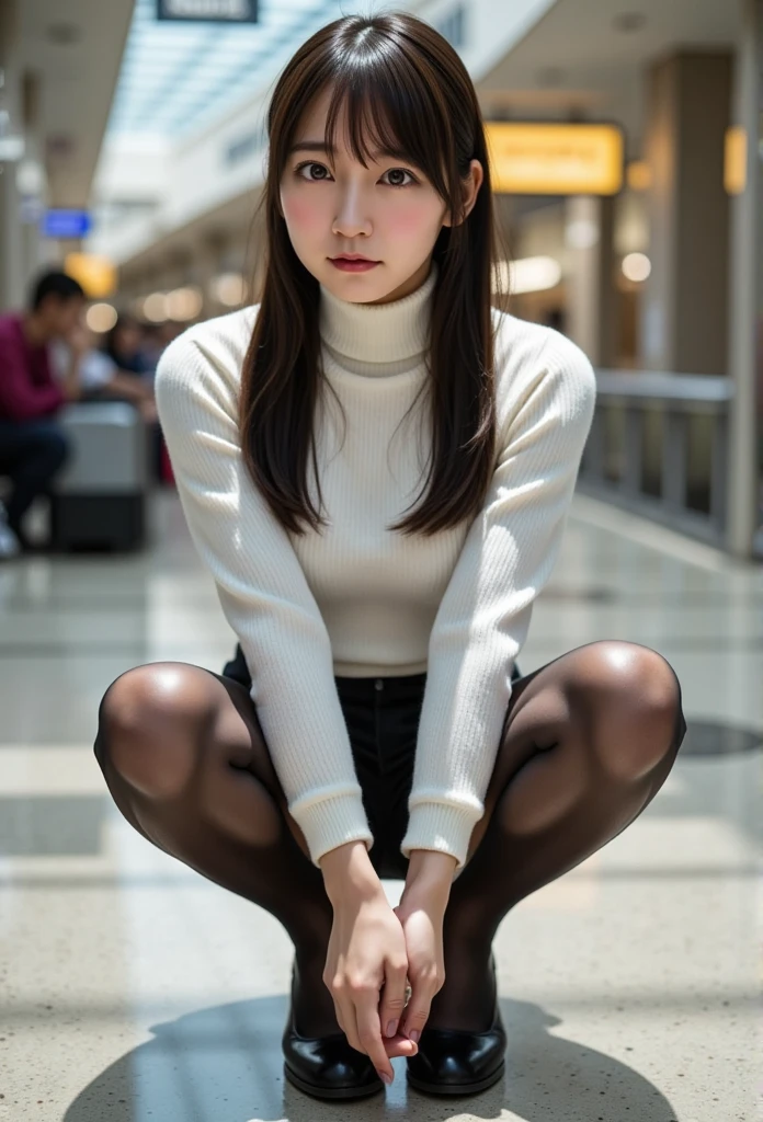 top-quality,ultra-detailliert,masterpiece,realisitic,Photo Real,Bright lighting,1 girl in, an extremely beautiful -yeld gi (kawaii:1.2),Thin smile, (Brown eyes),(Black hair),(bangss),perfect glossy skin,flawless skin,((erotick,Sexy and sexual)),((Perfect body)), large full breasts,big breasts thin waist, Look at viewers,(Turtleneck clothes),(a miniskirt)、(lifted by self),(Showing panties),panties on,panties focus,((Sit up,spread legswide)), sockes, (Black knee socks),(Loafer shoes), during daytime,On the train,Horizontal long seat with your back to the window