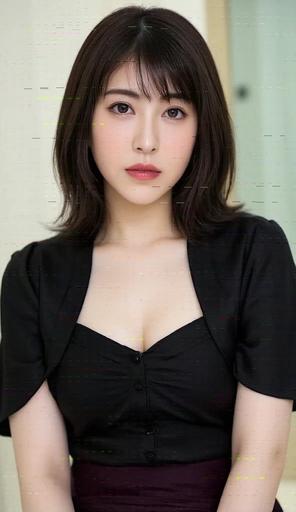   Black Short Sleeve Blouse With Fabric Attached :1.2,  Look at the audience,  Cinema lights ,   perfect,   soft light  ,   high resolution:1.2,  Realistic Touch Skin ,Small face, open shoulders,Bust B Cup、  Revealing Her Bare Breasts  ,  Double eyelids , Short hair,   dark brown hair、  Full Body Nudity  