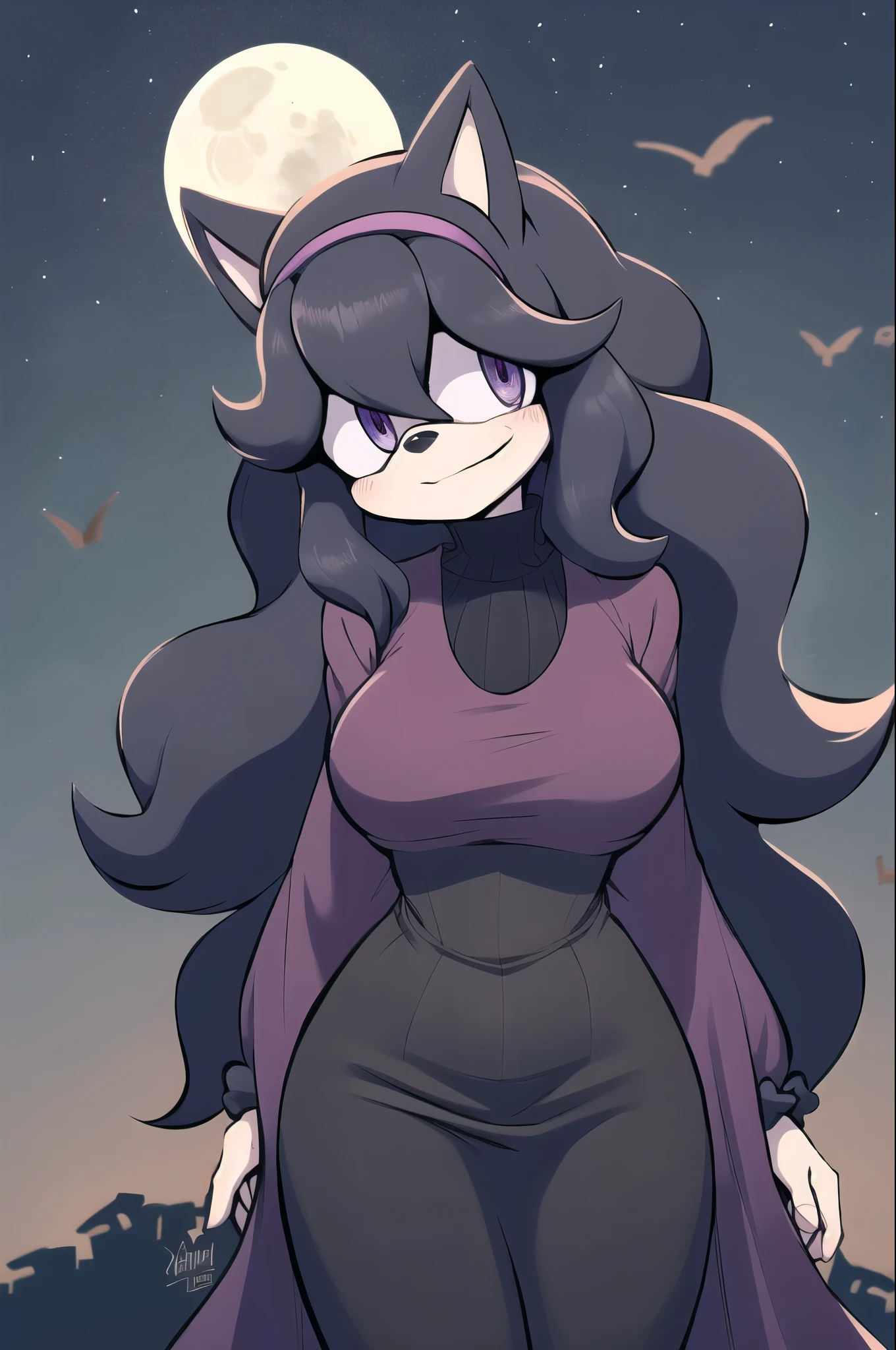 ((masterpiece,best quality)), absurdres, (hex maniac), (pokemon), long hair, ahoge, purple hairband, purple eyes, @_@, long black dress, hex maniac dress, shy smile, half closed eyelids, looking away from viewer, (shy expression), medium breasts, hourglass figure, cowboy shot, head tilt, full moon, hands behind back, (Mobian), cat, Mobian cat, sonic oc, Sonic the hedgehog series style, solo, 1girl
