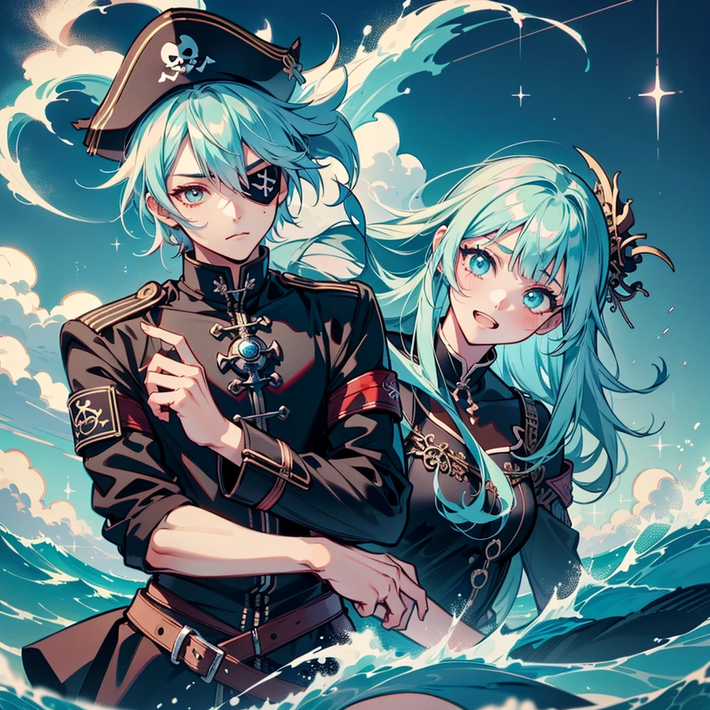 1girl， pretty face、Baby Face、背景に巨大なsea賊船、cute pirates 、huge anchor 、((( best detail、 Dynamic Best Composition、 top quality、 Masterpiece、 more、 high definition)))、 goth pirate suit ，Very complex， exquisite，Shift dress，frills，ribbon，bandage，sea賊，Giant ，2000，E-girls， かわいいデザインのEye patch ，Adorable Decor ，Subculture， laughing in front of the car ，  avant-garde and innovative clothing design 、 Harajuku style、whole body、 view viewers、neon light palette、sea賊、sea賊帽、Eye patch、sea、Wave、荒Wave、Cybersword on the waist、