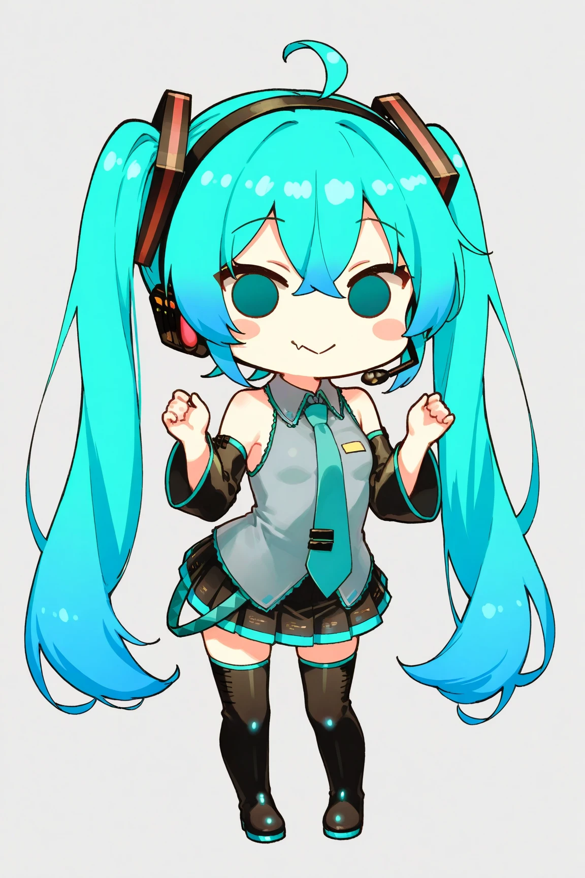 deformed,chibi,solo,1girl,hatsune miku,blue hair,aqua hair,gradient hair,crossed bangs,hair between eyes,Very long hair,aqua eyes,hair ornament,headphones,(twintails),skin fang,tsurime,BREAK aqua necktie,black footwear,black skirt,black sleeves,boots,collared shirt,detached sleeves,grey shirt,pleated skirt,thigh boots,tie clip,(solid circle eyes:1.2),:>,simple background, masterpiece,best quality,very aesthetic,absurdres,ultra detailed,UHD,8K,highly detailed,newest