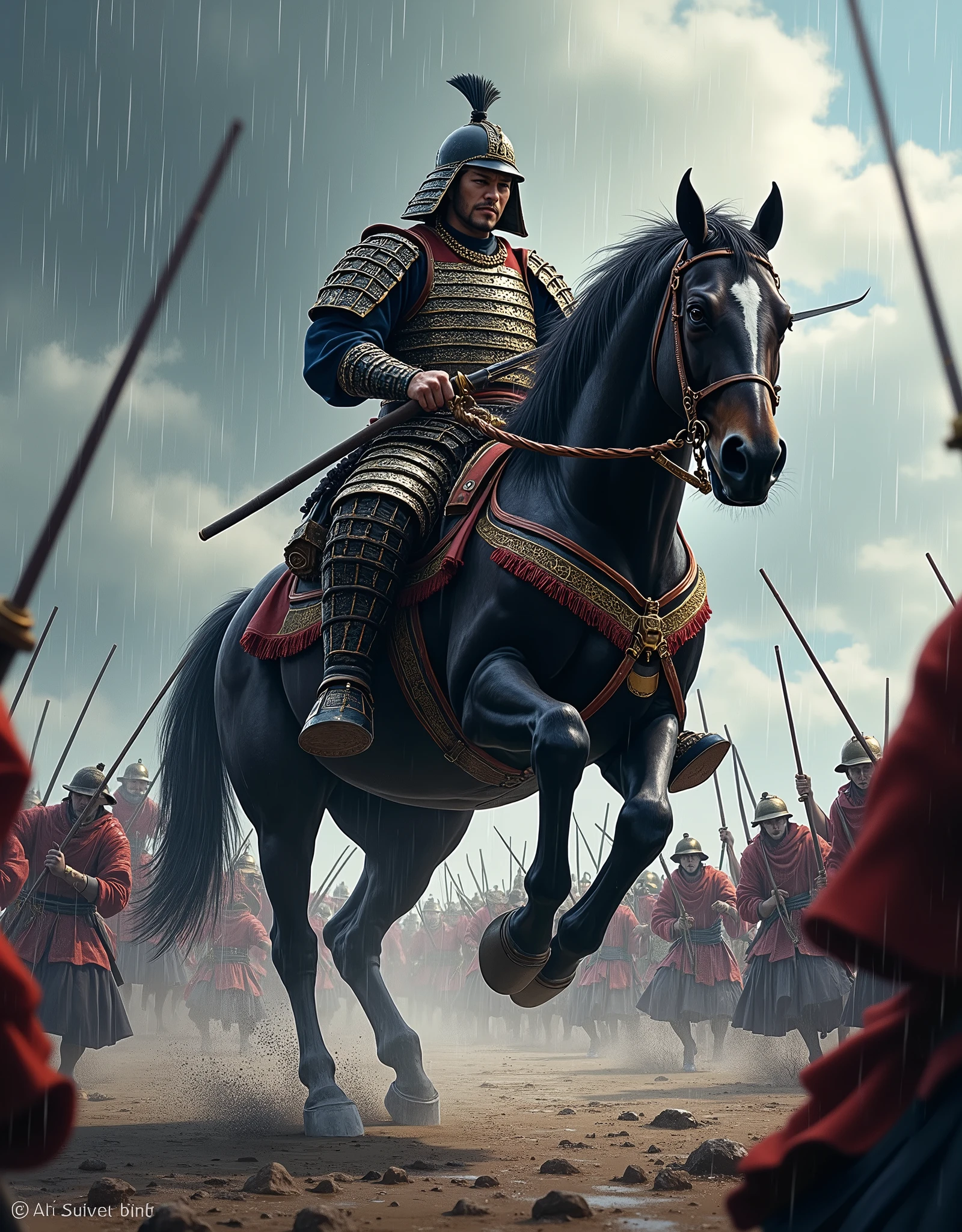  one of Japan's heroes from the Sengoku period , Oda Nobunaga,  it's a decisive battle in Okehazama ,  cut through against enemies , Bib pose, Charge, Straddling a horse,  with many soldiers ,  model Kawasaki Kento , Play Yamaya ,  it's raining ,  top quality,  high definition ,  high image quality, 8k, masterpiece,  detailed illustration art including background, 