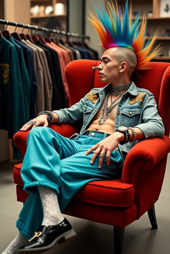 fashion punk model man squat highly detailed, wearing pants, street wear, stunning, sharp focus, clear very expressive, attractive, artistic, cinematic, surreal, striking, full detail, pretty, amazing, delicate, extremely fine, intricate, awesome, elegant, luxury, elite, colorful, light, crisp, color, epic, iconic, complex background, inspirational, vibrant colors, perfect <lora:woman_squat_xl_lora:1>
