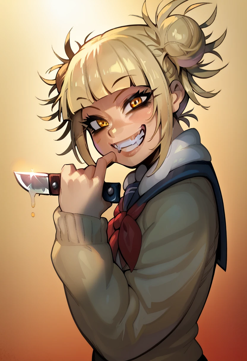 masterpiece, (best quality), ultra-detailed, wallpaper, highest quality, there is this animated women looking to smile with her eyes closed and a scarf around her head, 1girl, toga himiko, smile, solo, hair bun, blonde hair, double bun, yellow eyes, bangs, knife, cardigan, blunt bangs, looking at viewer, holding knife, grin, long sleeves, holding, school uniform, messy hair