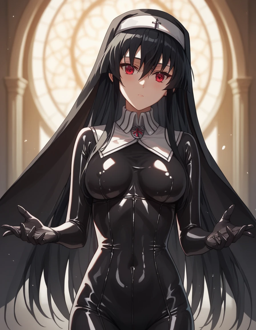 (masterpiece:1.2), best quality, high resolution, unity 8k wallpaper,perfect hands, perfect anatomy,1girl,solo,akame, long hair, black hair, red eyes, hair between eyes,Medium breasts,latex bodysuit nun, latex, nun, bodysuit, skin tight, black   bodysuit, shiny clothes