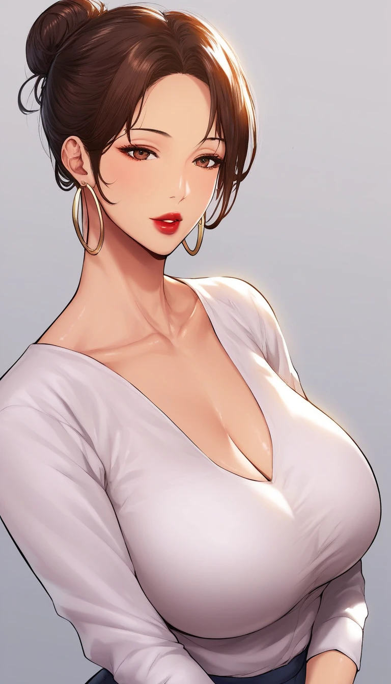 Hot beautiful sexy milf school teacher, red lipstick, long  Earrings, medium saggy breasts , brown hair , hair bun,bracelet ,detailed, detailed brown eyes, curvy body  ,manhwa style,body moving motion ,detailed eyes,manhwa page,manhwa art style , teacher dress, school 